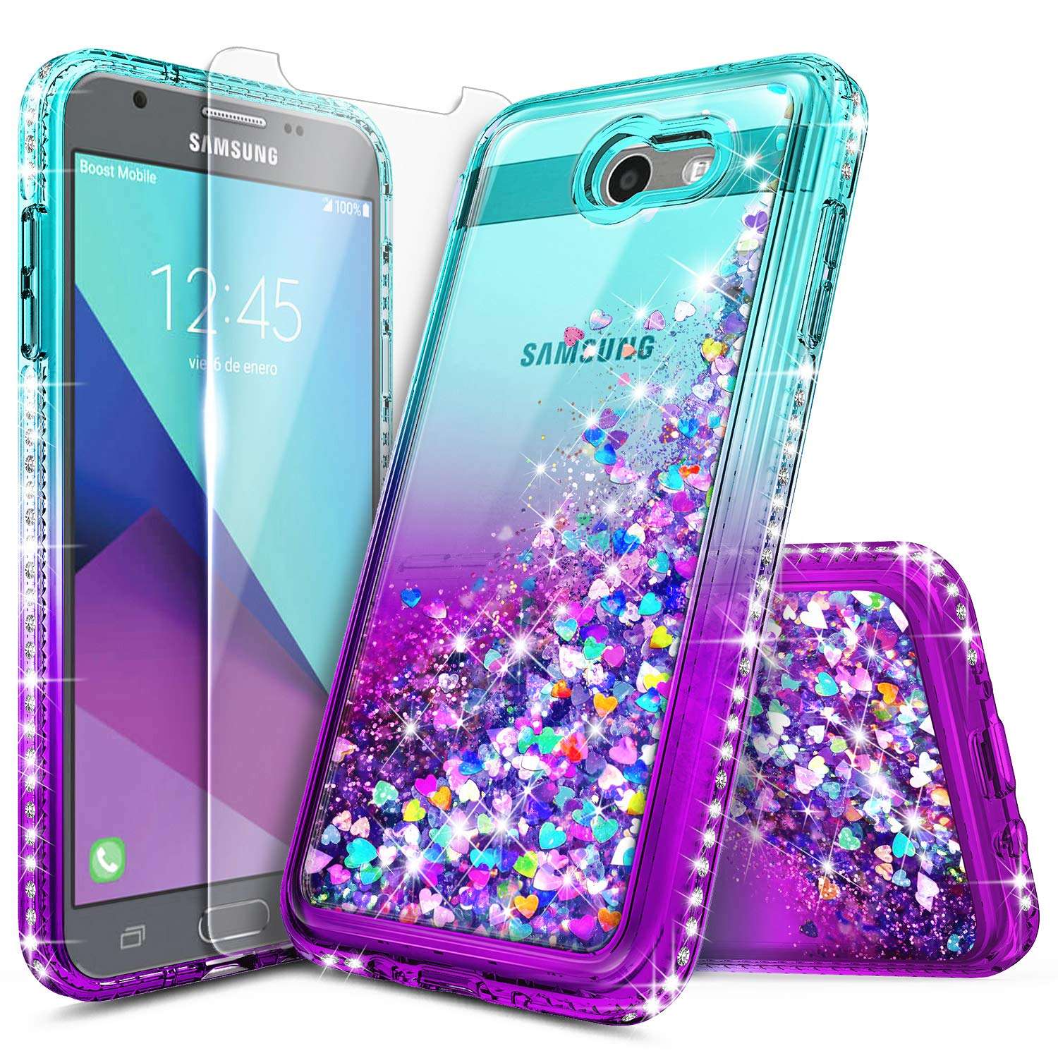 E-Began Case for Samsung Galaxy J3 Luna Pro, J3 Emerge/J3 2017/J3 Eclipse/Sol 2/J3 Mission with Screen Protector, Glitter Liquid Floating Quicksand Bling Diamond, Durable Girls Cute Case -Aqua/Purple 1