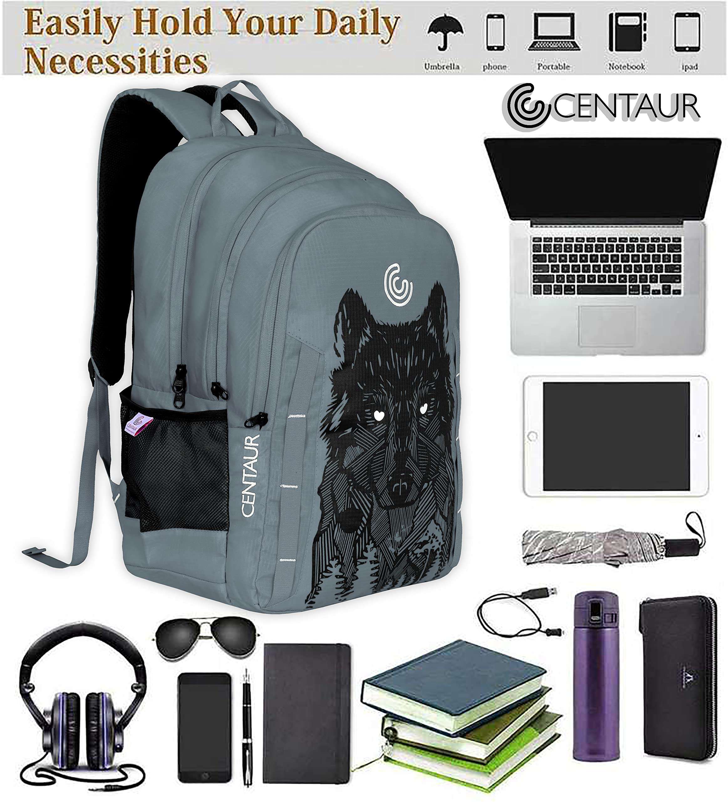 centaur | 38 Litre | Wolf Print Casual Backpack | With Sling Bag | Office Bag | School Bag | College Bag | Business Travel Bag | Unisex Anti-theft | Water Resistant | Lightweight 3