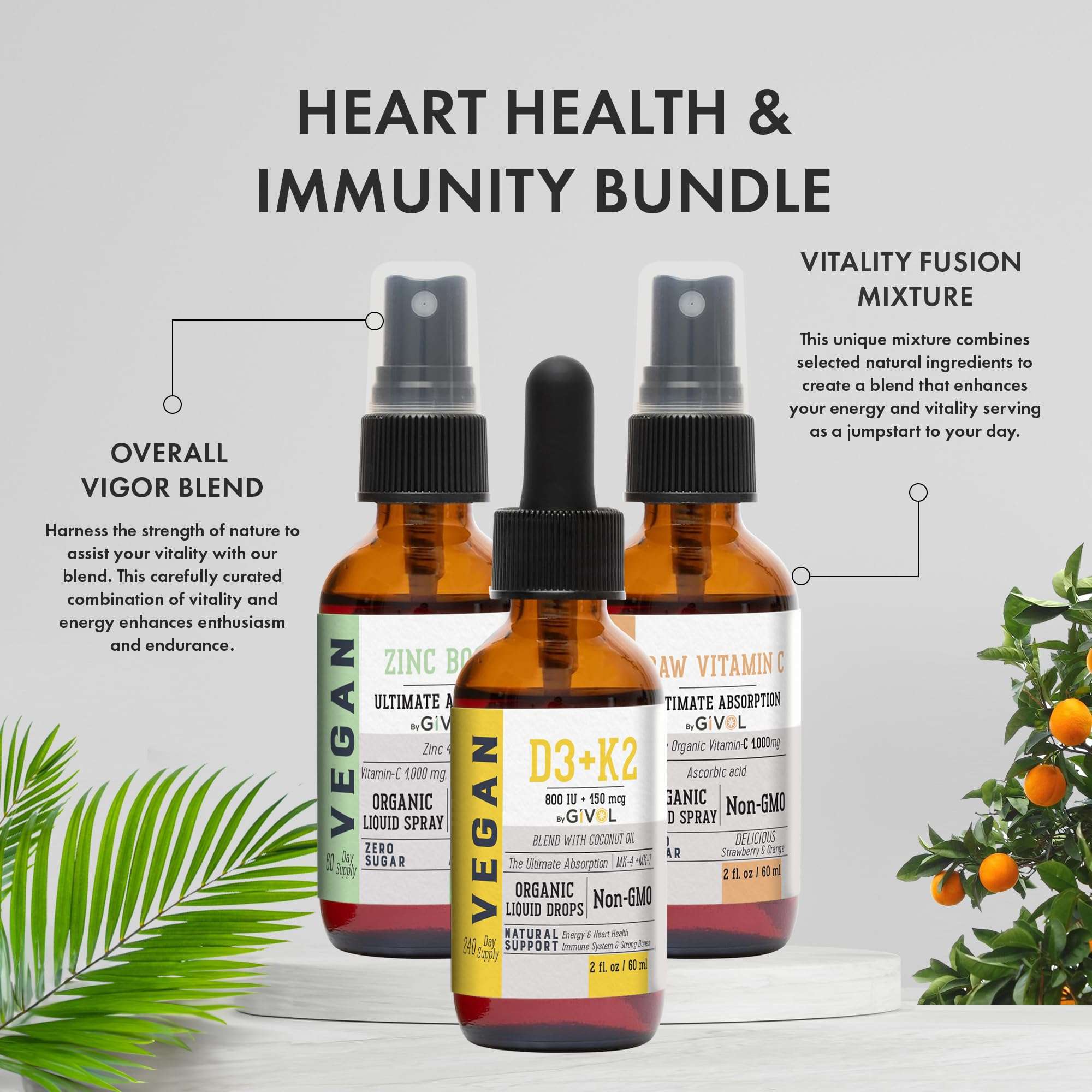 GIVOL Immunity Support Pack - Raw Vitamin C, D3 & K2 Liquid, Zinc Picolinate - Premium Heart Health Vitamins w/Essential Minerals, Antioxidant Properties, & Cardiovascular Benefits - 180 Days Supply 4