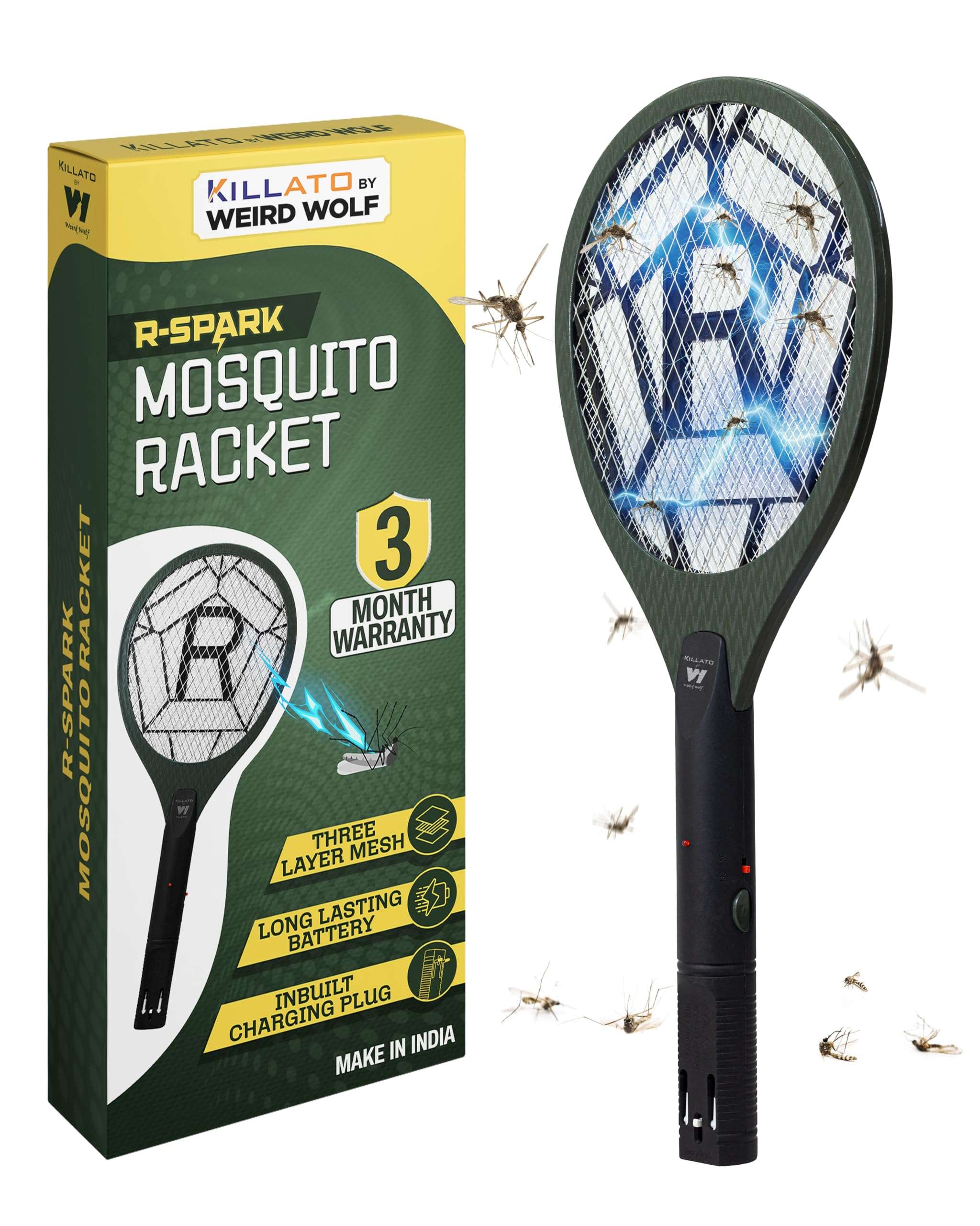 Weird Wolf Heavy Duty Mosquito Bat | Rechargeable Electric Fly Swatter with Inbuilt 2-Pin Plug | High Voltage Mosquito Killer Racket | ABS Body | 3 Months Warranty (Dark Green) 1
