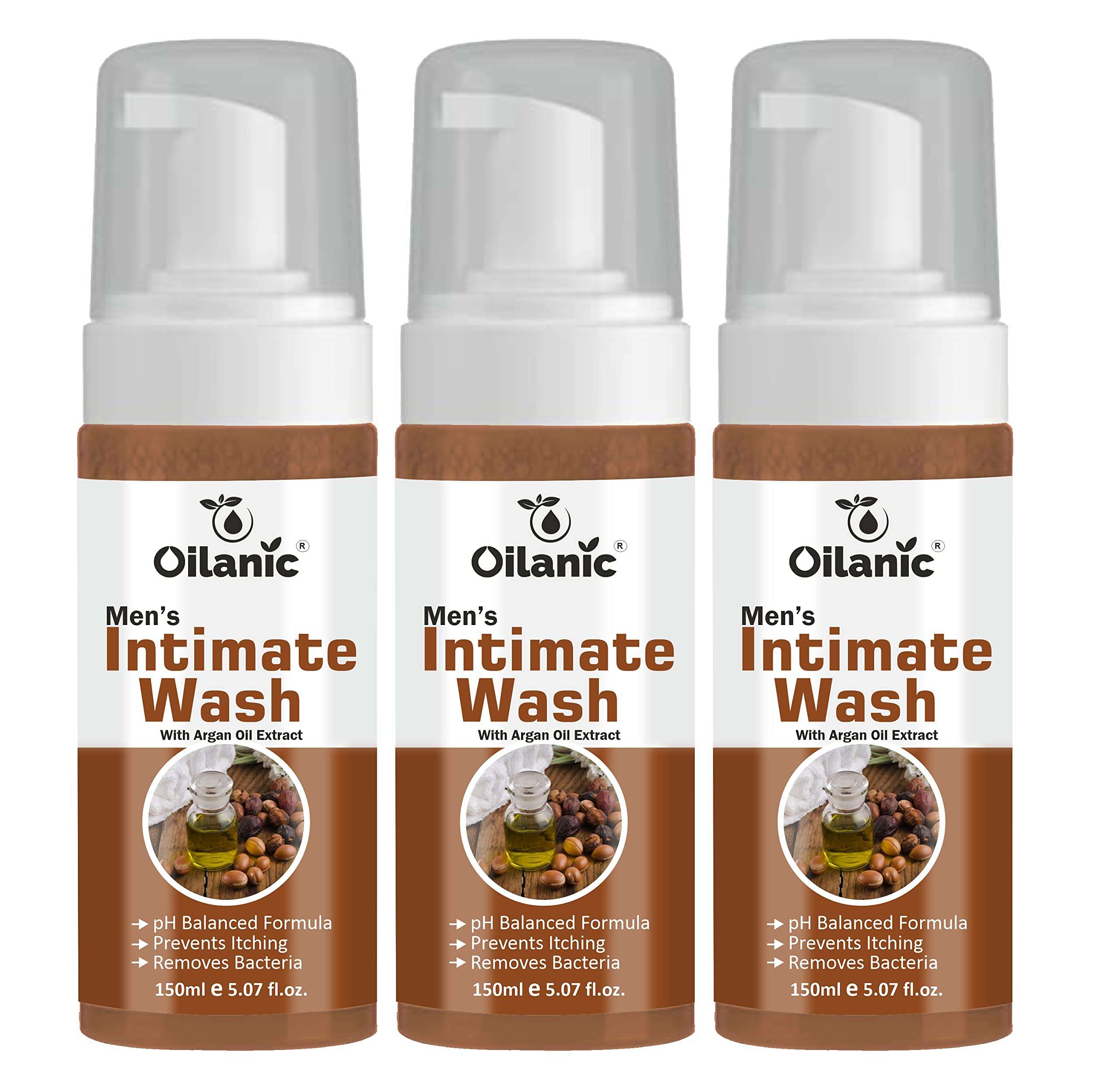 Oilanic Natural Men's Intimate Wash with Argan Extract (Pack of 3, Each 150 ml)|pH-Balanced Hygiene Wash for Daily Freshness and Odor Control Gentle Cleanser for Sensitive Skin Chemical free|