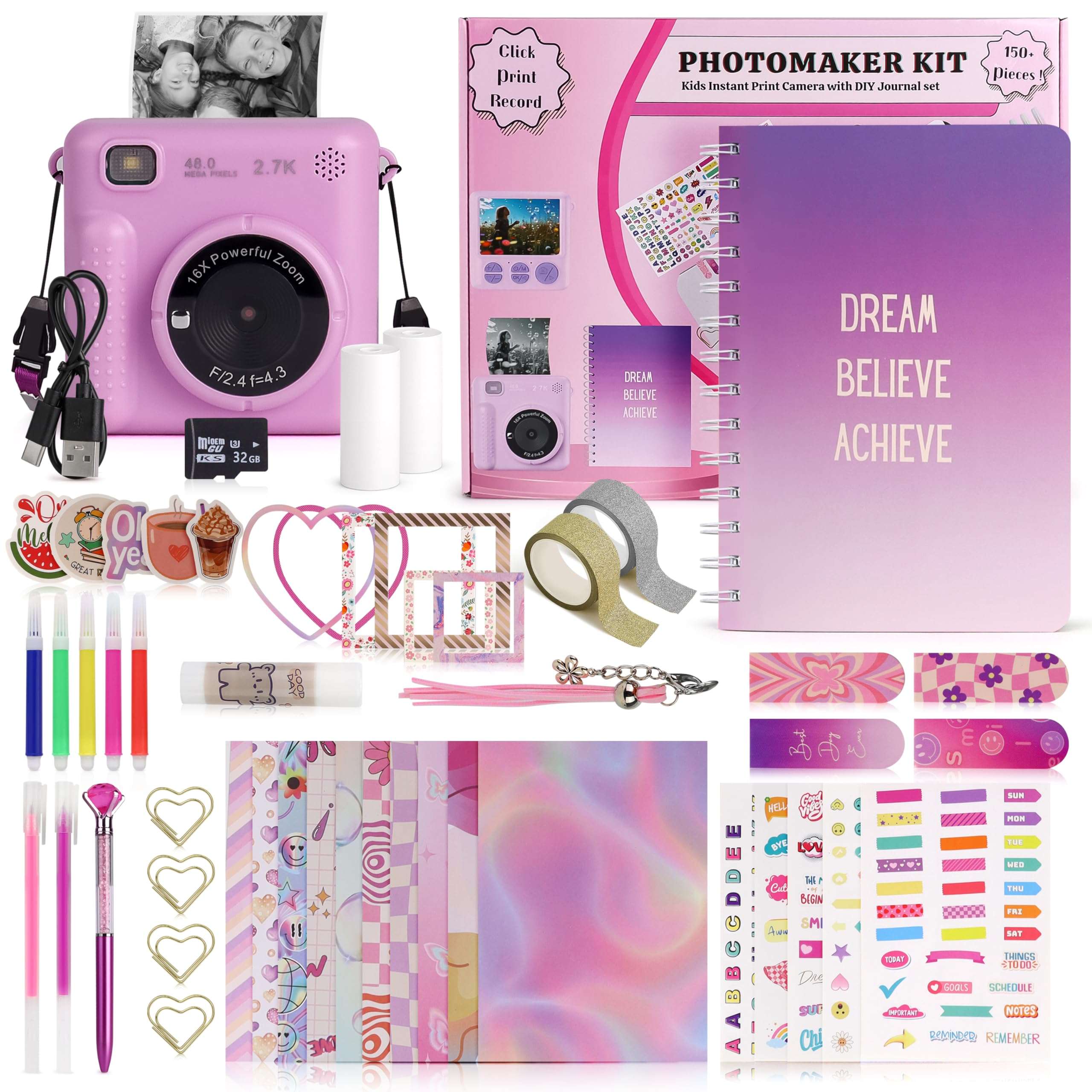 FINcredible Photomaker Kit - Instant Print Camera for Kids Plus DIY Journal Kit for Girls - 150 Pcs Tween Journal & Camera for Girls - 6 7 8 9 10 11 12 13 14 Year Old Girl (Lilac) 1