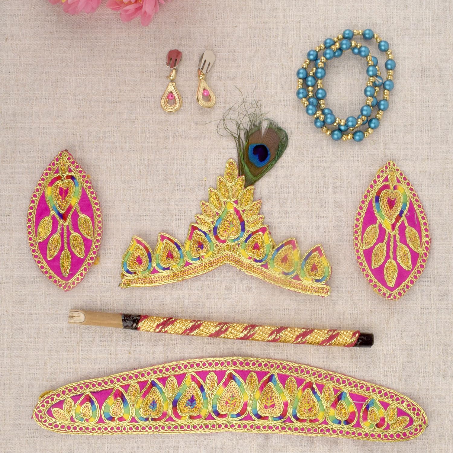 Satvik (14 No.) Krishna Dresses Costume with 5 Pc Shringaar Set for Kids, Baby Krishna Dress for Janmashtami, Krishna Leela Costume, Krishna Dress Complete Costume for Boys/Girls