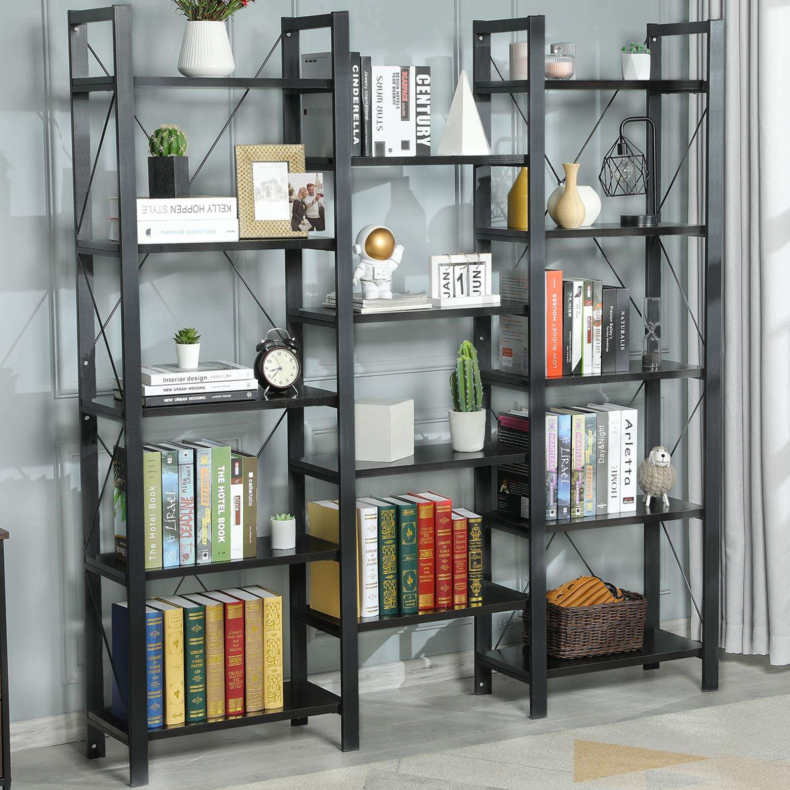 SEDETA Triple Wide 5-Shelf Bookcase, Industrial Vintage Style Bookshelves, Wood and Metal Bookshelf, Large Open Book Shelf Furniture Shelves for Home Office, Black 3