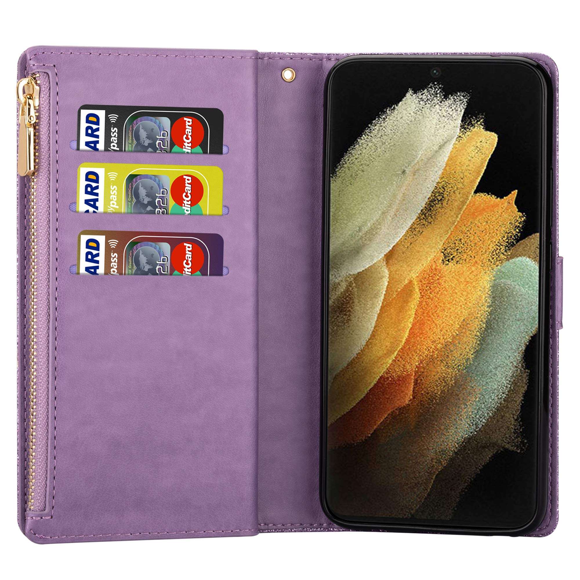 Galaxy S21 Ultra Case, Zipper Flip Case for Samsung Galaxy S21 Ultra 6.8 inch 5G Bumper Cover, Anti Resistant Wrist Strap TPU Wallet, Shockproof Galaxy Bling Phone Case for Women Girls (Purple) 4