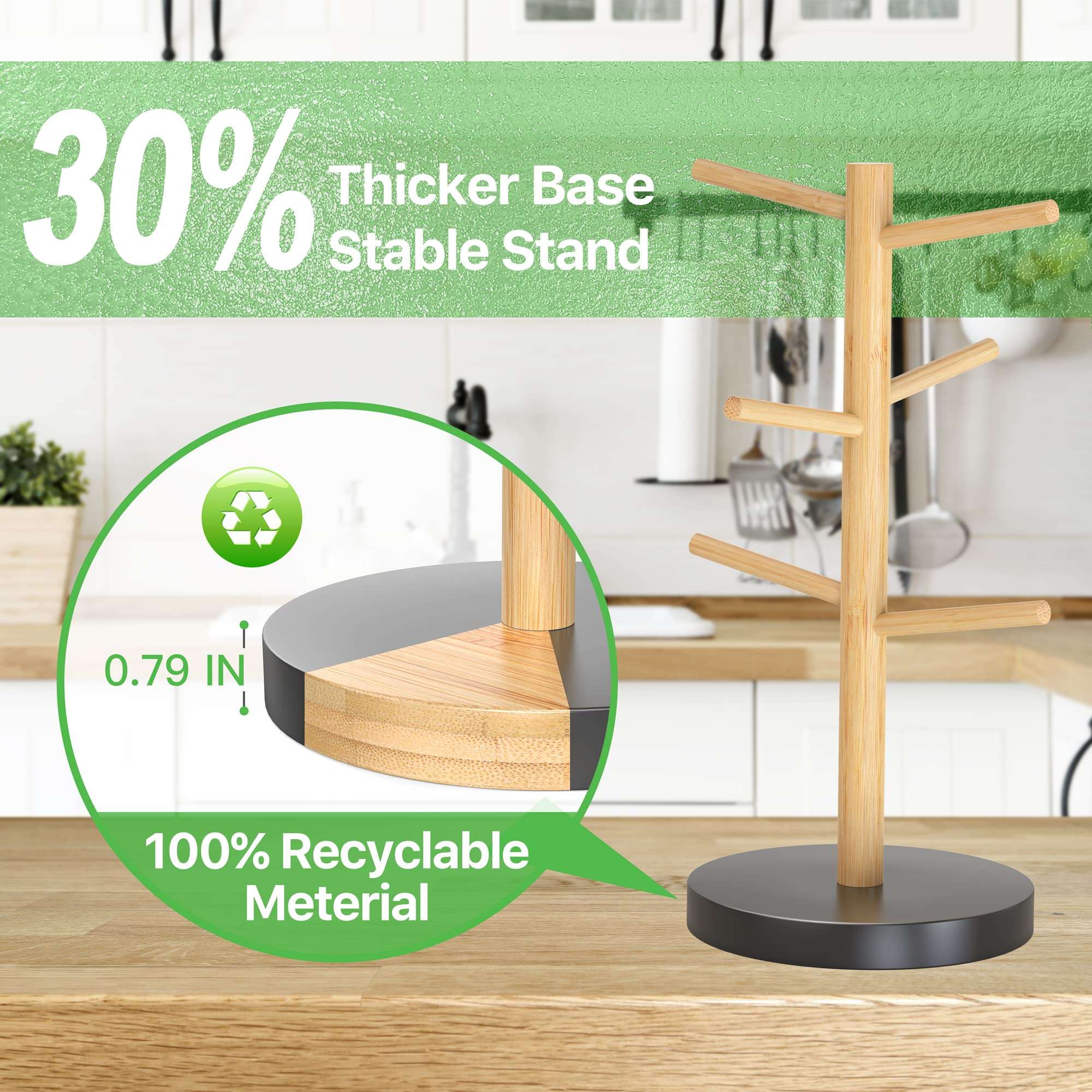 Wisuce Bamboo Mug Holder Tree, Thicker Base Coffee Cup Holder Stand for Counter, Mug Rack with 6 Hooks 6