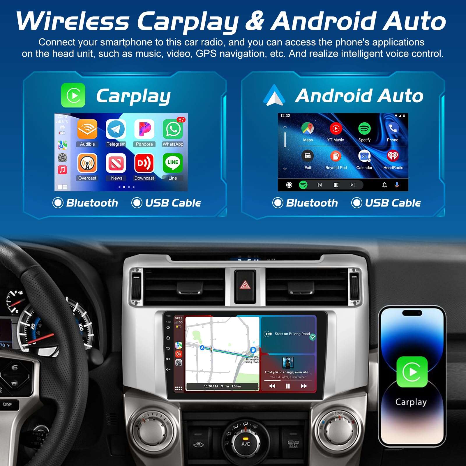 [4+64G] NHOPEEW for Toyota 4Runner Car Radio 2009-2019 with Wireless Carplay and Android Auto - 9 Inch Touchscreen Android Car Stereo - GPS/EQ Audio/WiFi/SWC/Mirror Link + AHD Backup Camera 6