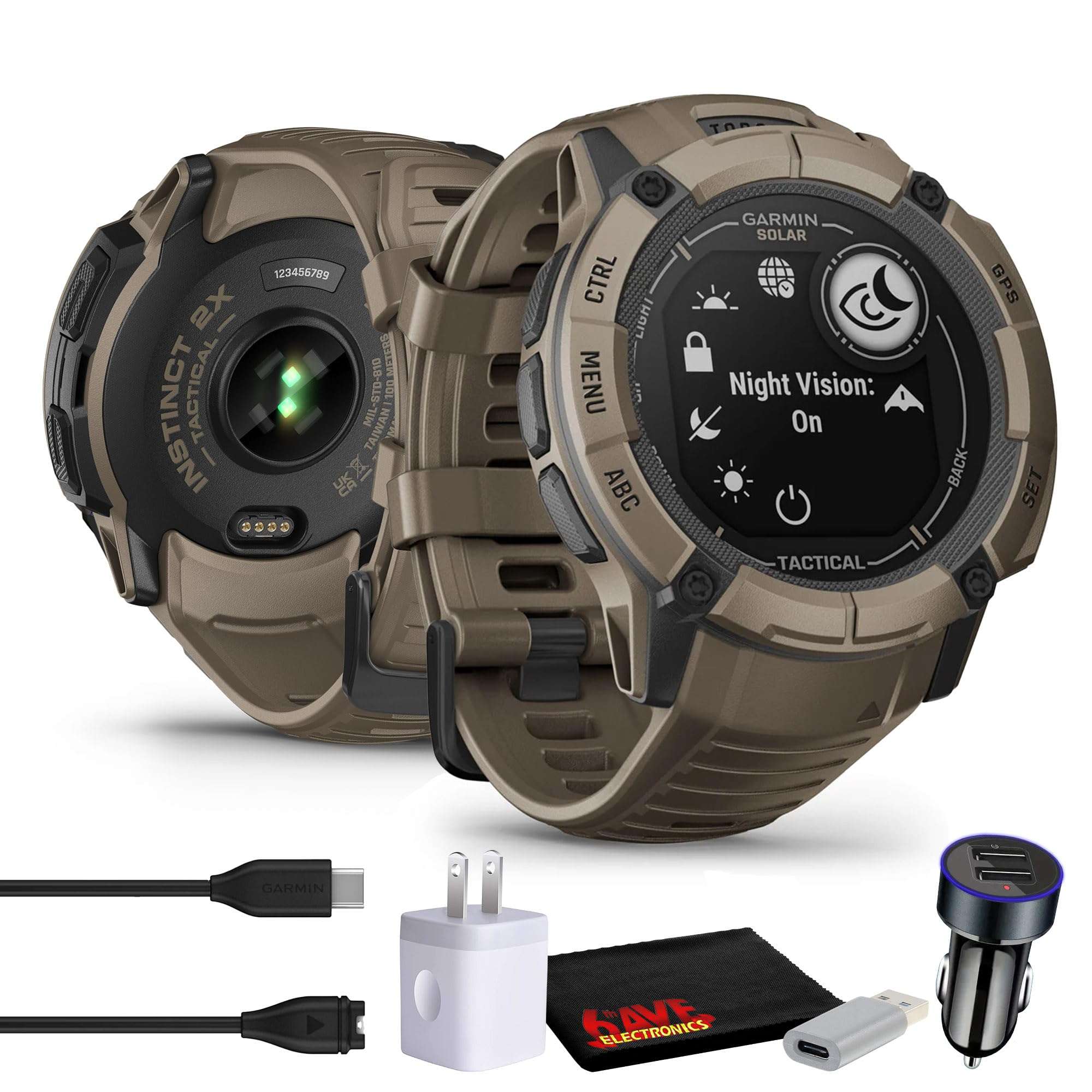 Garmin Instinct 2X Solar - Tactical Edition Coyote Tan, Rugged Outdoor GPS Smartwatch for Men, Ballistics Calculator, Solar Charging Capability Built-in Flashlight Smart Watch Bundle with Accessories 1