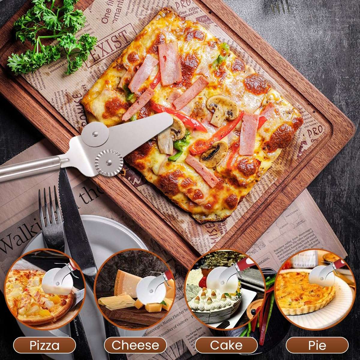 HASTHIP® 2-In-1 Pizza Cutter for Kitchen Stainless Steel Kitchen Cutter with Food Grade Non Slip Ergonomic Handle, Pizza Shovel Wheel for Pizza Sandwich Paratha Chapati and Birthday Cake 4