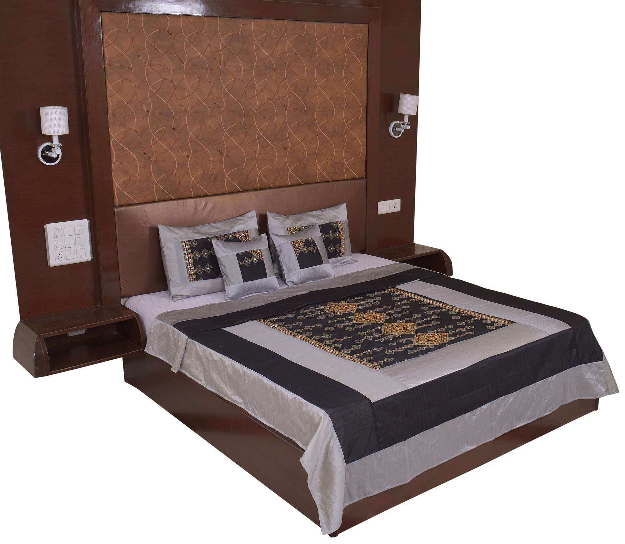 JABAMA® Multi Polysilk Rajwada Mirror Work Bed Cover with 2 Pillow Cover & 2 Cusion Cover Set 2