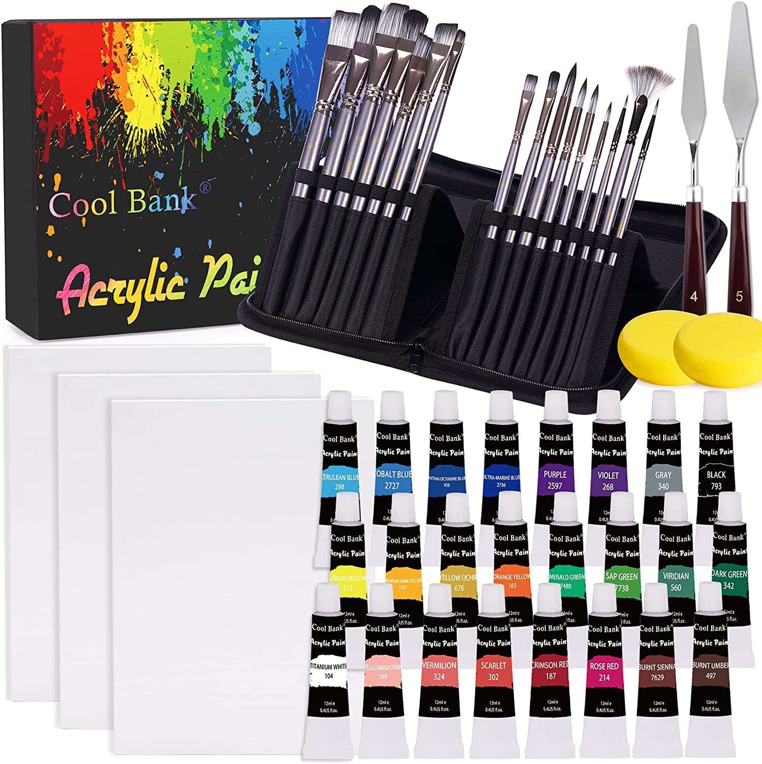 Acrylic Paint Set, 48 Piece Professional Painting Supplies Set, Includes 24 Color Acrylic Paints, 16 Art Painting Brushes with Zippered Case, Paint Knife, Art Sponge and 3 8" x 10" Canvas for Artists 1