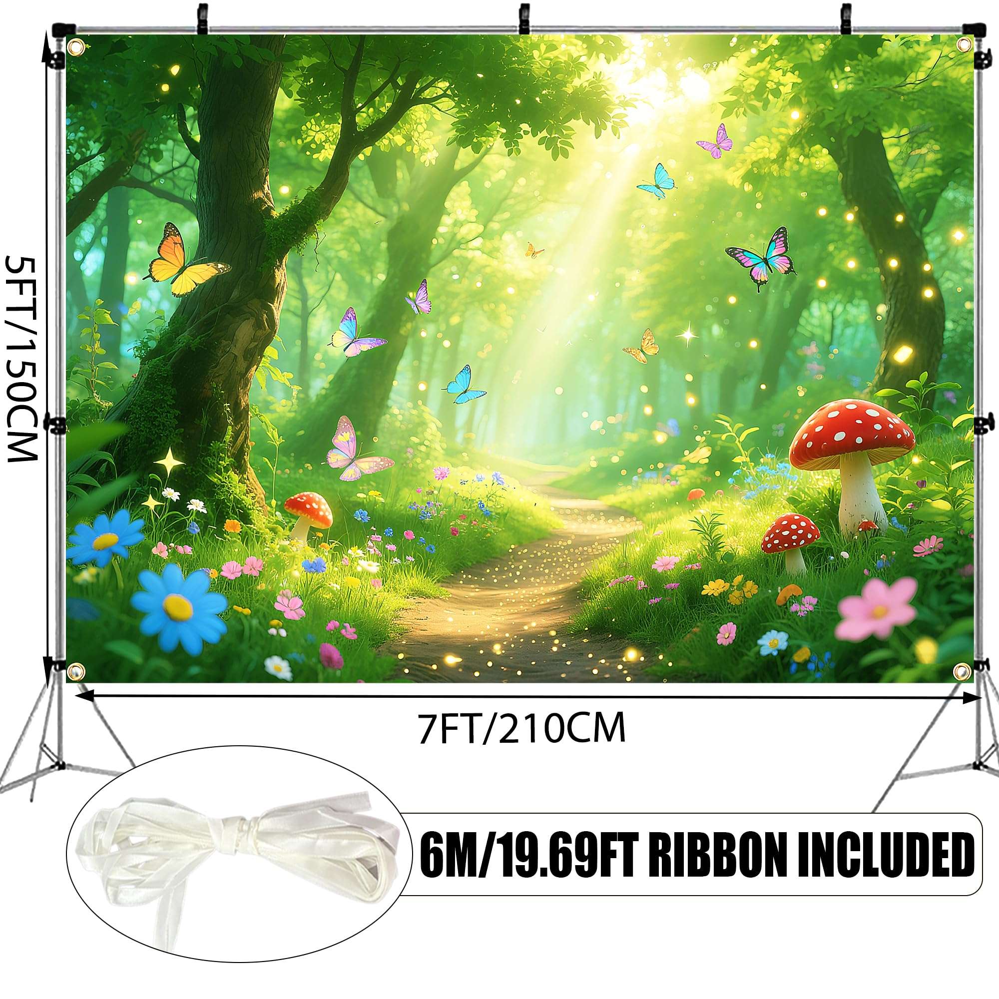 7x5FT Enchanted Forest Backdrop with 19.68FT Ribbon - Magic Fairy Garden Photography Background for Party, Birthday Decor, Spring Photo Booth Props 3