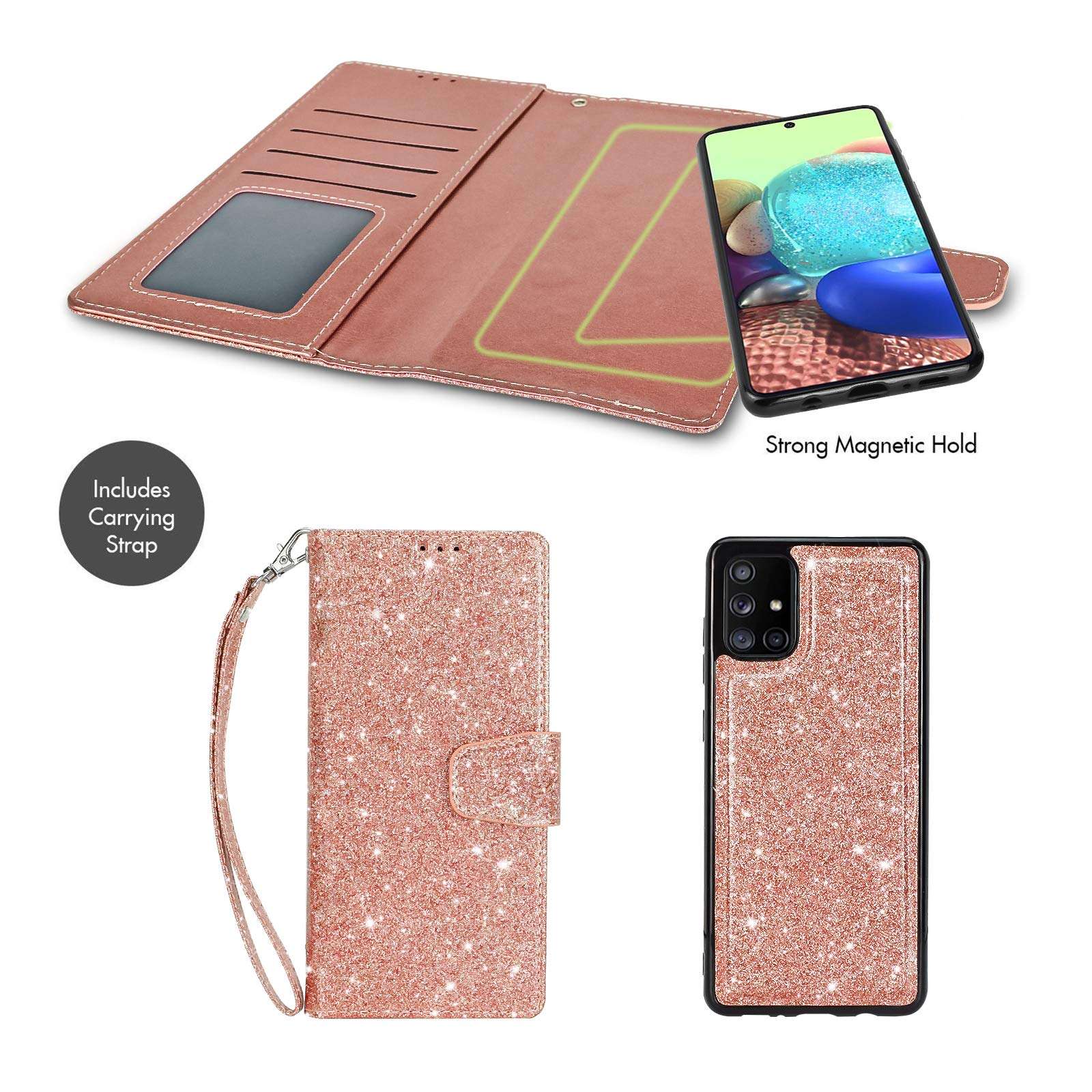 Newseego Compatible with Samsung Galaxy A71 (4G) Leather Case,Glitter Faux PU Leather Magnetic Closure Multi-Credit Card Slot Cash Holder Detachable 2 in 1 Wallet Cover with Wrist Strap-Rose Gold 6