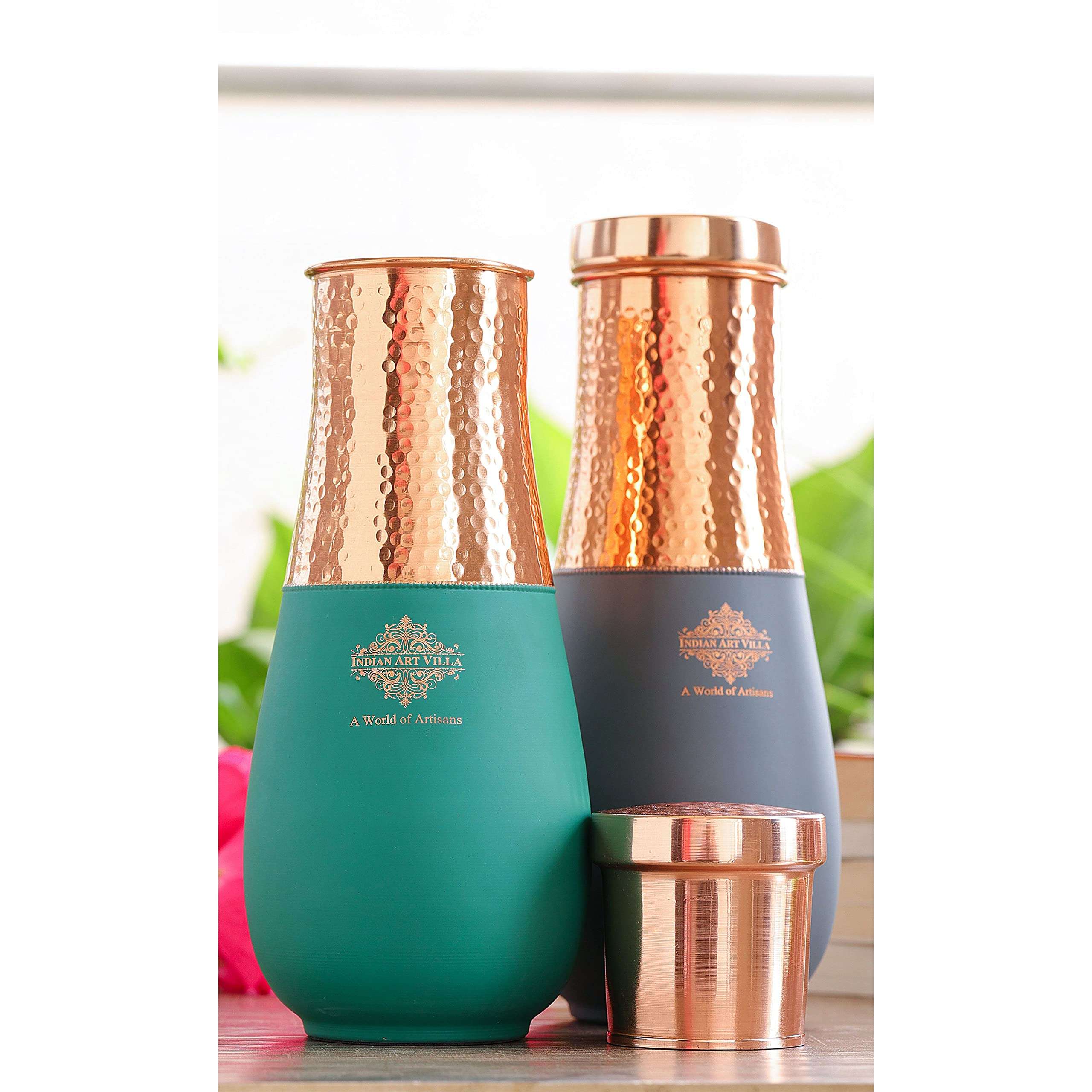 INDIAN ART VILLA Pure Copper Half Hammered and Gray & Green Silk Finish Vase Shape Bedroom Bottle, Volume 1425 ML - Pack of 2 4