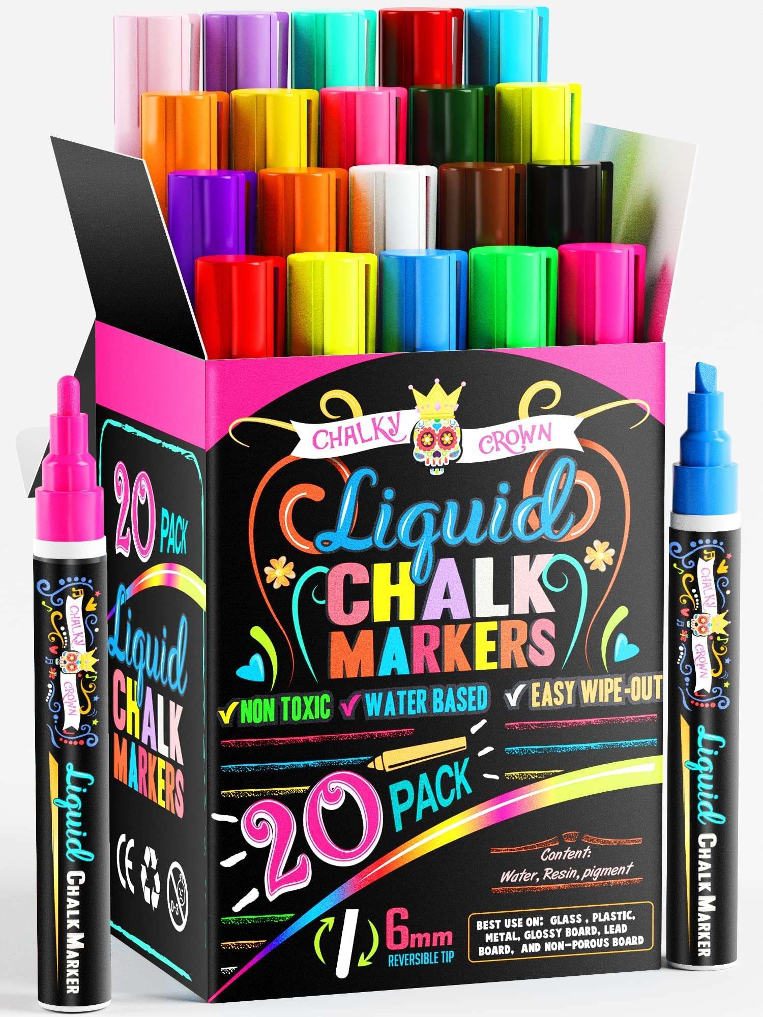 Liquid Chalk Markers - Erasable Chalk Pens, Chalkboard Markers - Chalk Markers for Chalkboards, Signs, Windows, Blackboard, Glass - Reversible Tip, 20 pack (Bold Multicolored, 6mm) 1