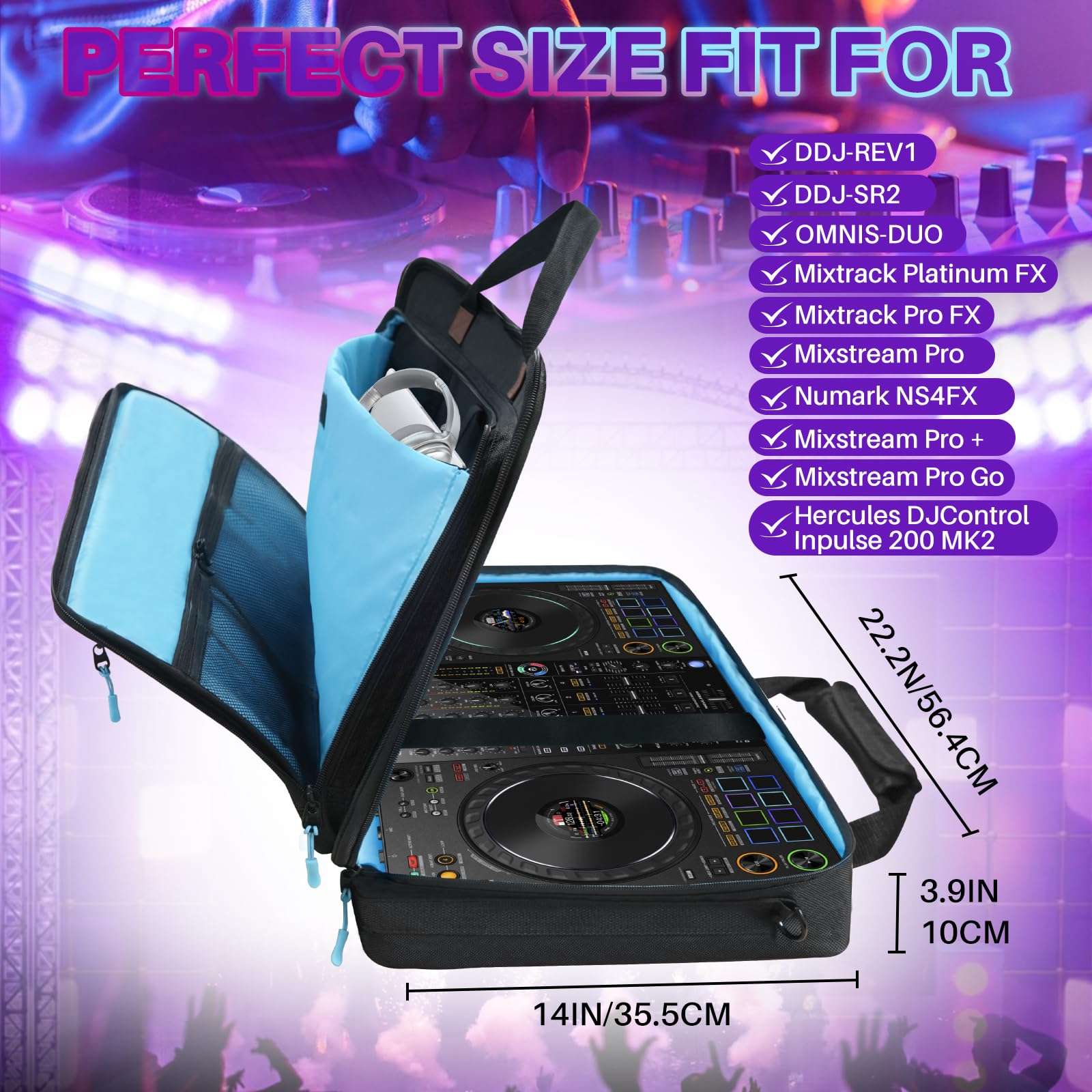 ORKELS DJ Controller Case for Pioneer SR/SR2/RR/DDJ-REV1/Denon MC4000/Numark NVII/Mixtrack Pro 3 & NV - Travel Bag with Strap for Controller, Laptop, Accessories, 22.8''x4''x14.6'' 3