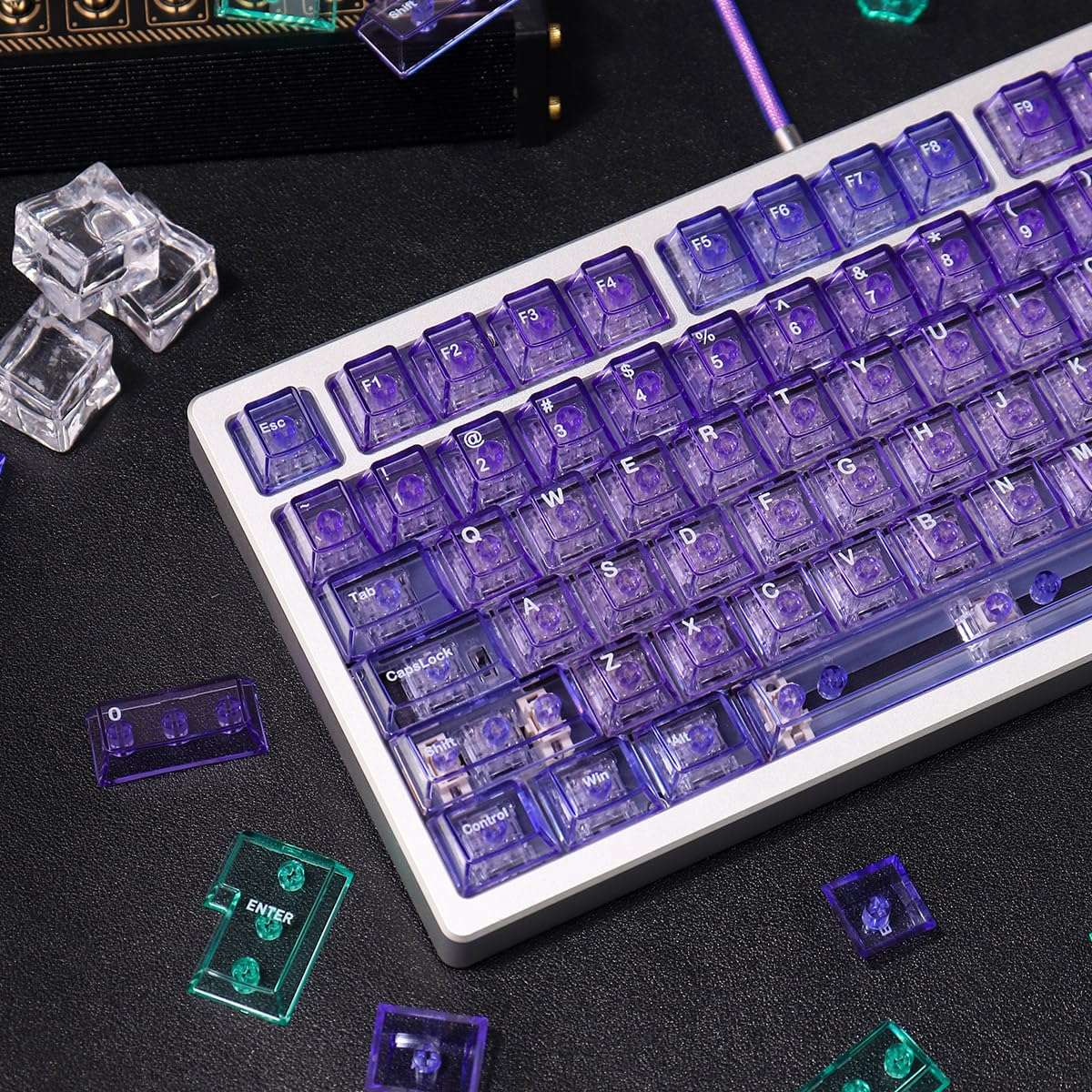 SUEHIODHY Crystal Clear Keycaps Set, 156 Keys Cherry Profile Purple Transparent Keycap, Shine Through Keyboard caps for 60% 65% 75% 100% Backlit Gateron Mx Switches Mechanical Gaming Keyboard 5