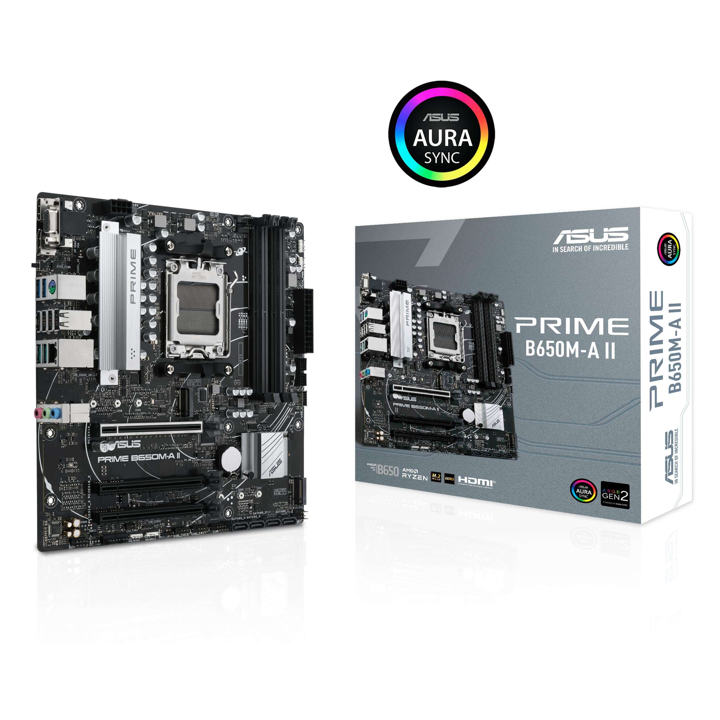 ASUS PRIME-B650M-A-II AMD AM5 Micro-ATX Motherboard for Ryzen 7000 Series Desktop Processors with DDR5, PCIe 5.0 M.2, 2.5Gb Ethernet, DisplayPort, HDMI, VGA, Front USB 3.2 Gen 1 Type-C, & Arua Sync 3