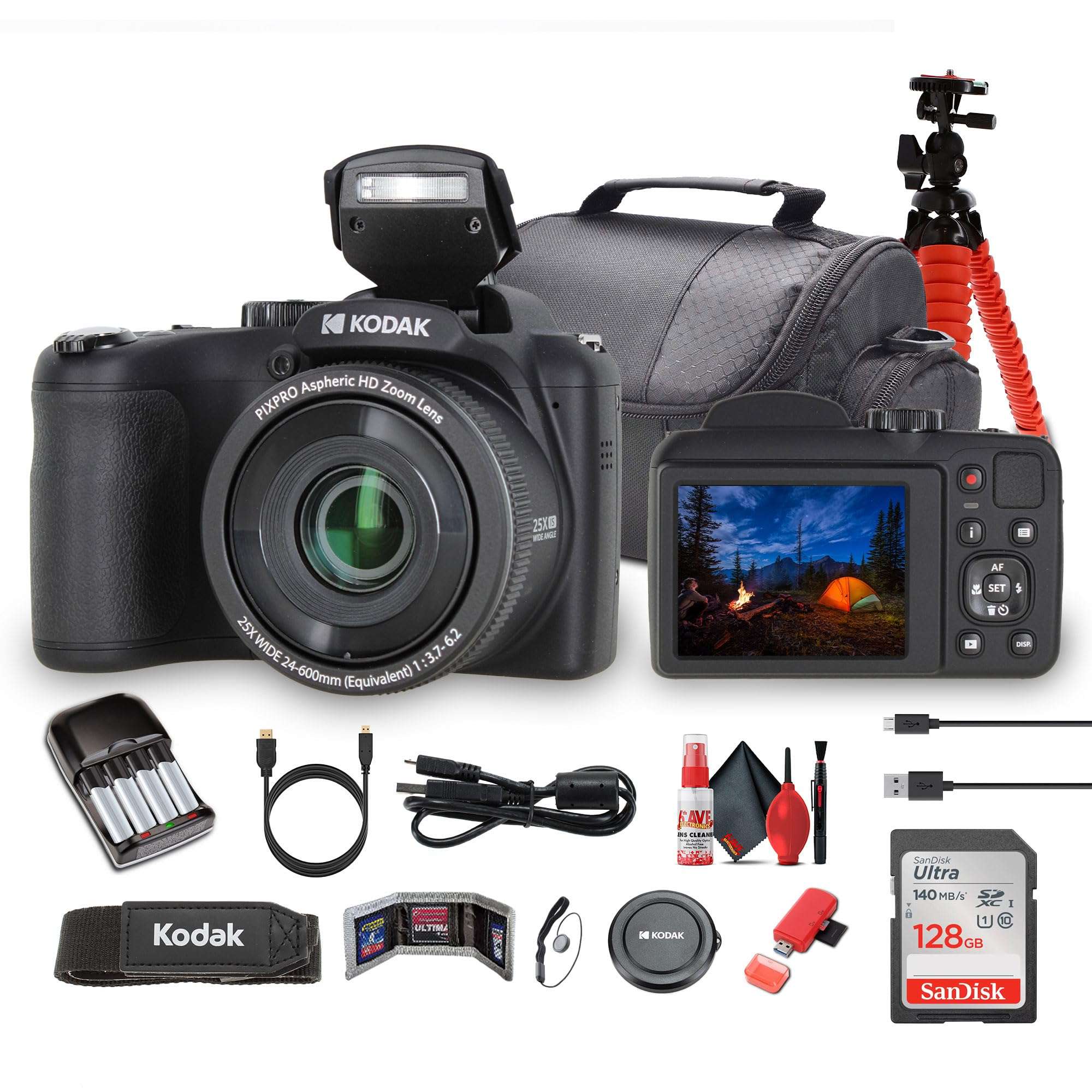 Kodak Pixpro AZ255 Digital Camera in Black (AZ255BK) Bundle Including: 128 GB Memory Card, Rechargeable Batteries, Case, Flexible Tripod, Neck Strap, Lens Caps, Full Cleaning Kit, More Accessories 1