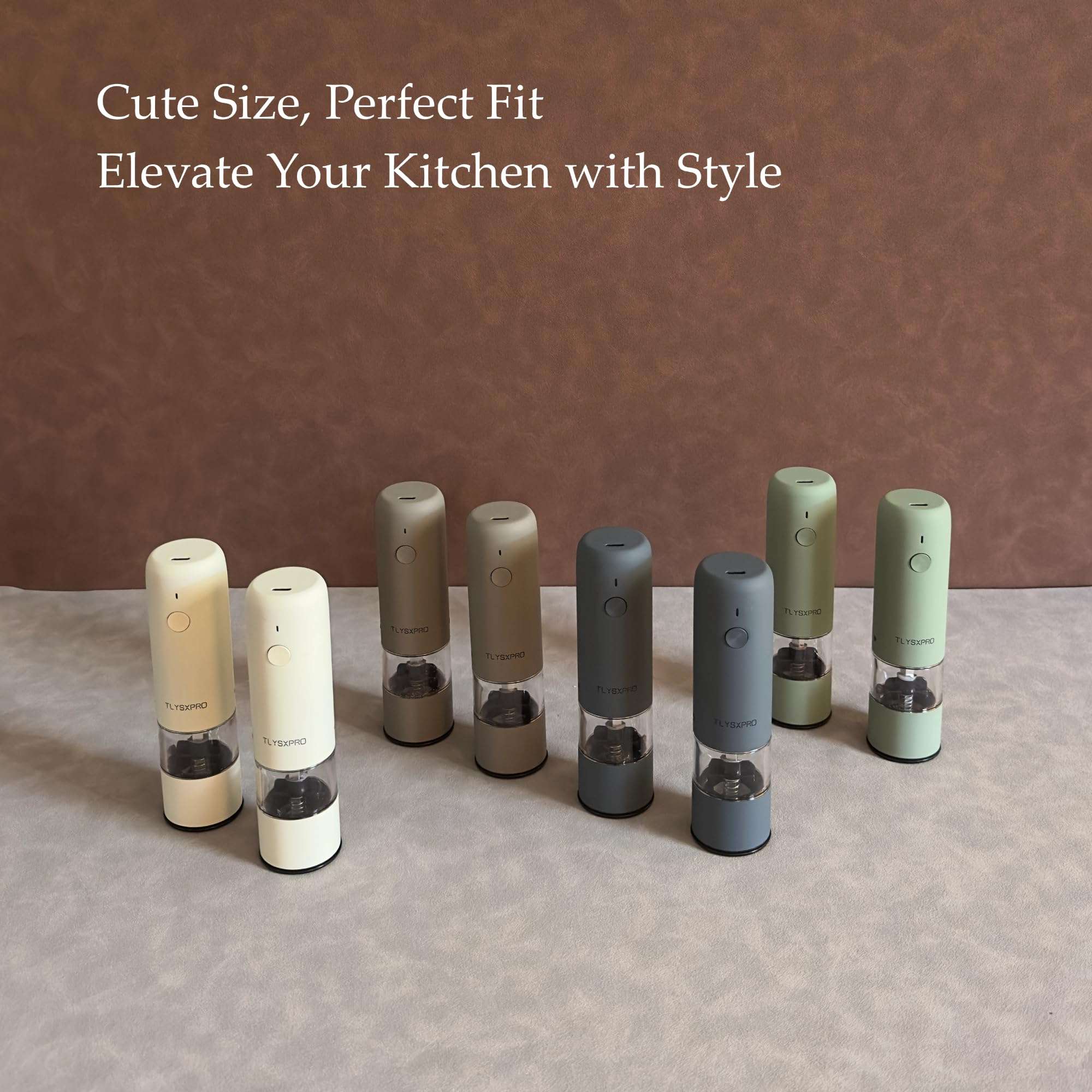 Small Electric Salt and Pepper Grinder Set Rechargeable, Adjustable Coarseness, Automatic Pepper Grinder Mill, Electric Salt Shakers, One Hand Operation for Kitchen Home (2 Packs, Greige) 4