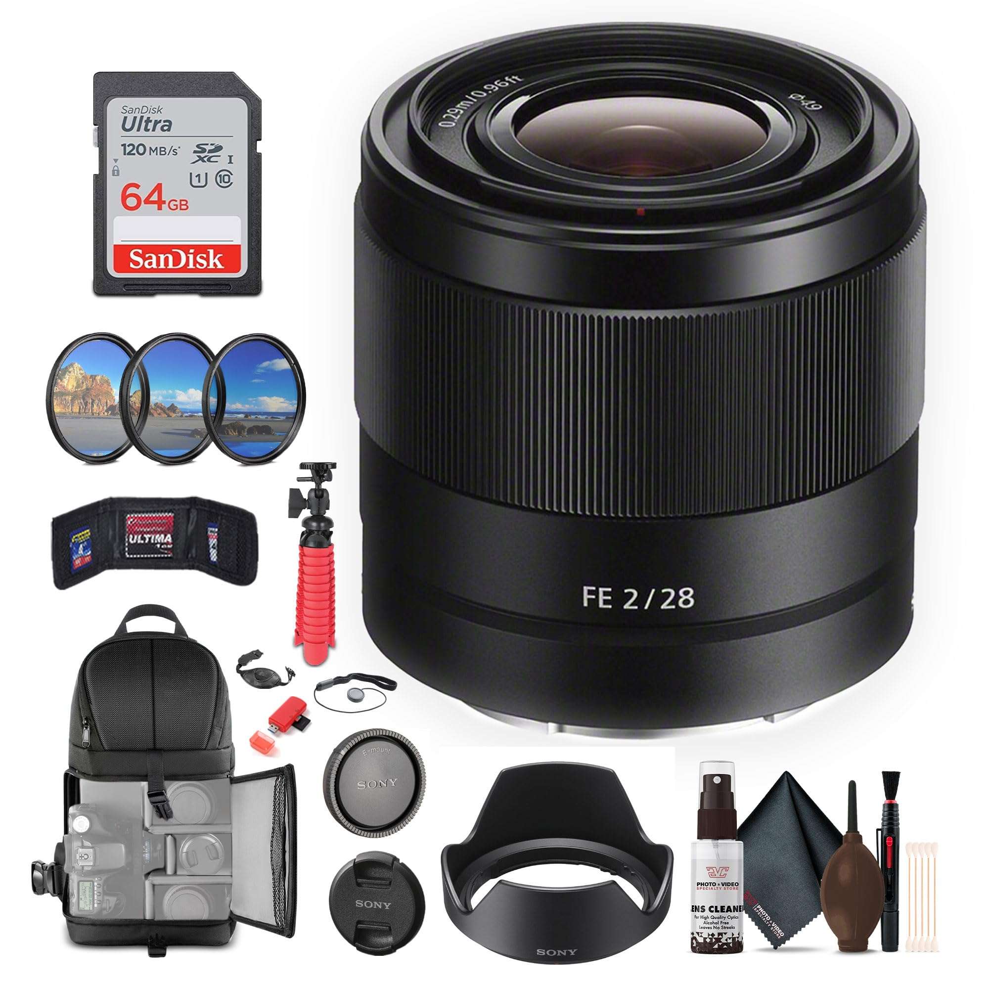 Sony FE 28mm f/2 Lens + 64GB Memory Card + Filter Kit + Backpack + Flexible Tripod + Cap Keeper + Cleaning Kit + Card Wallet + Card Reader + Hand Grip Strap 1
