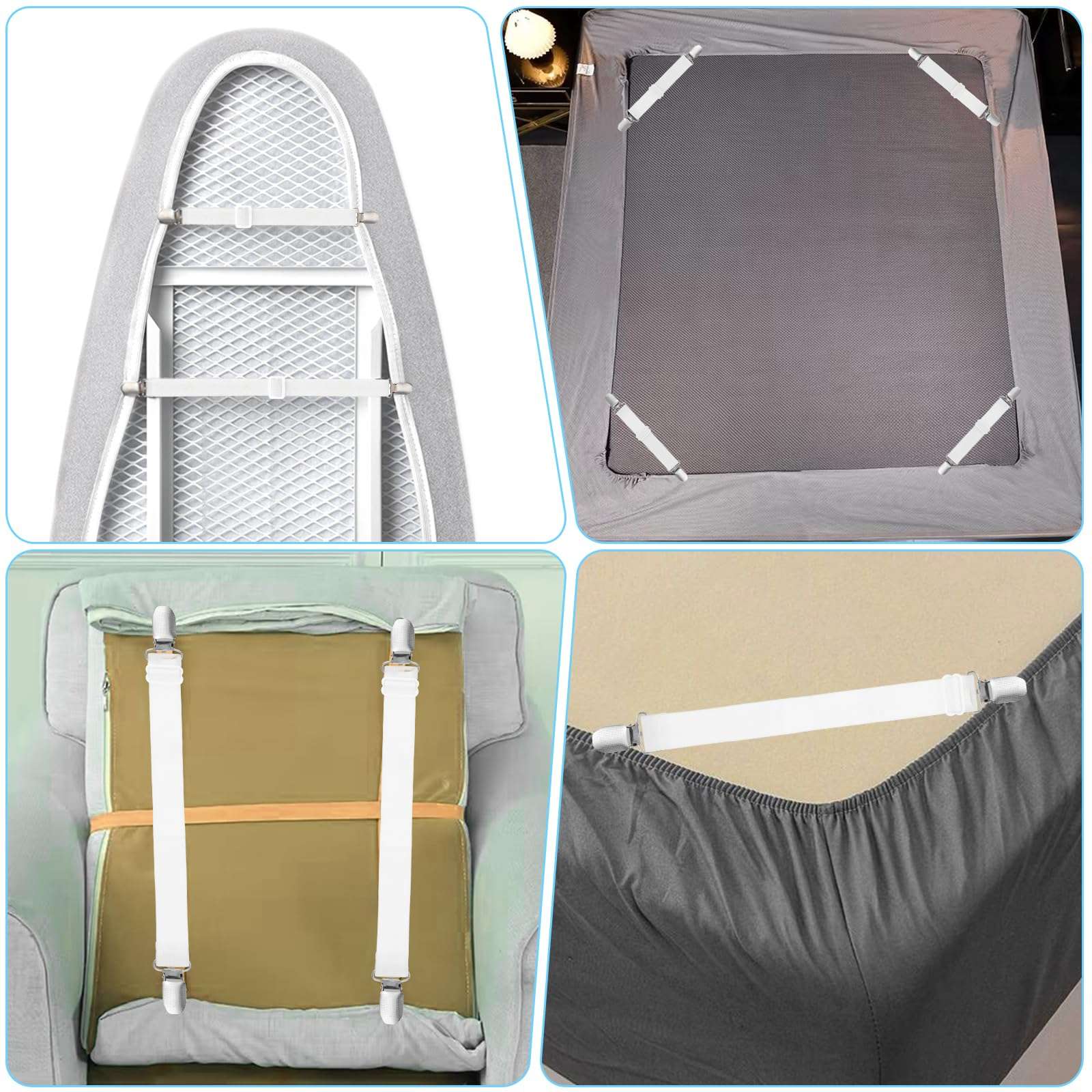 Ironing Board Cover Pad 4 PCS Mini Suspenders Hanger over Covers With Padding Standard Size Hook Braces Fasteners Cord Holder For Accessories Plate Sheet Hold Cushion Clip Flat and Secure Tension Clip 6
