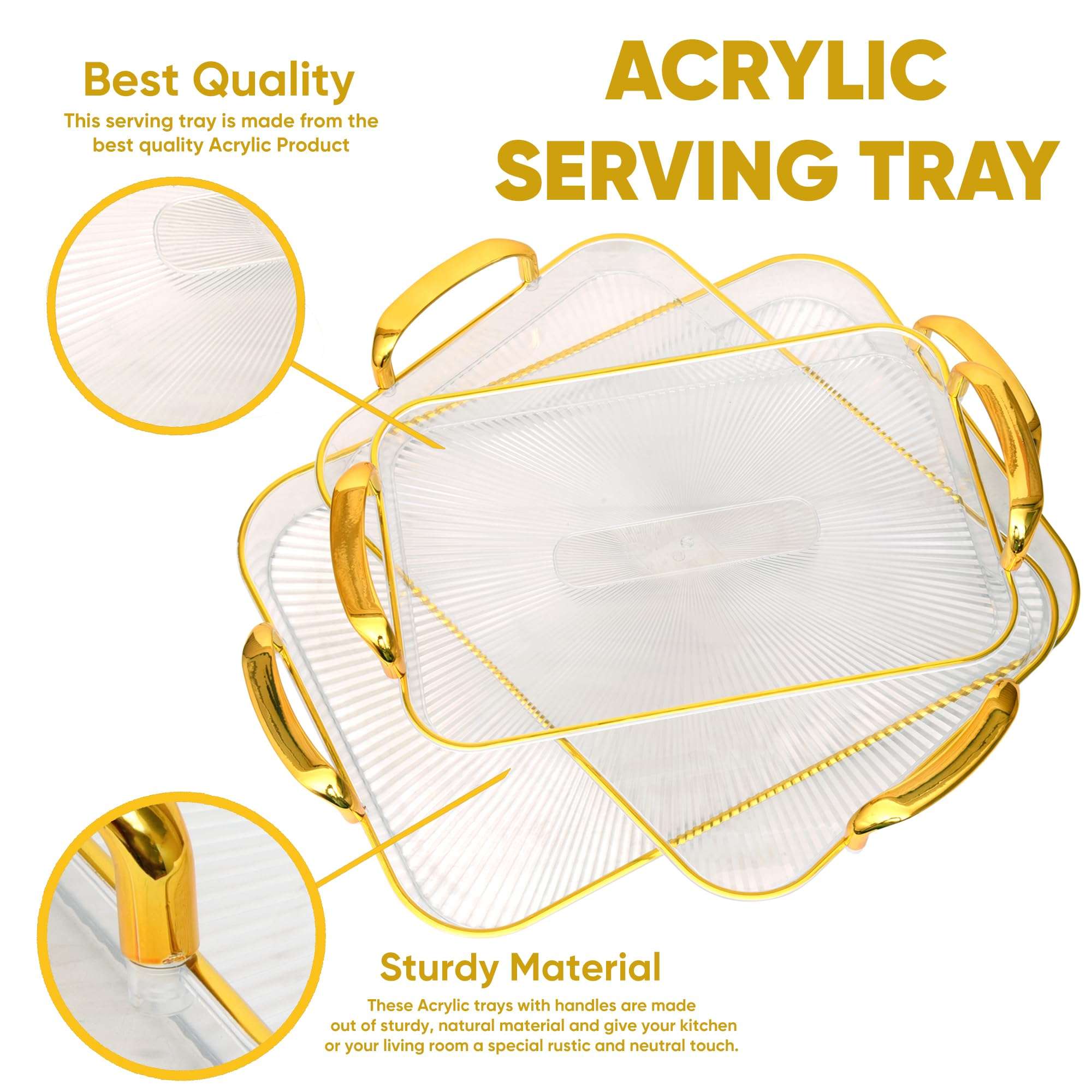 BAREPEPE Plastic Serving Tray Set for Kitchen Rectangular Stylish Design Fancy Coated Golden Borders - Transparent White - Set of 3 Sizes 3