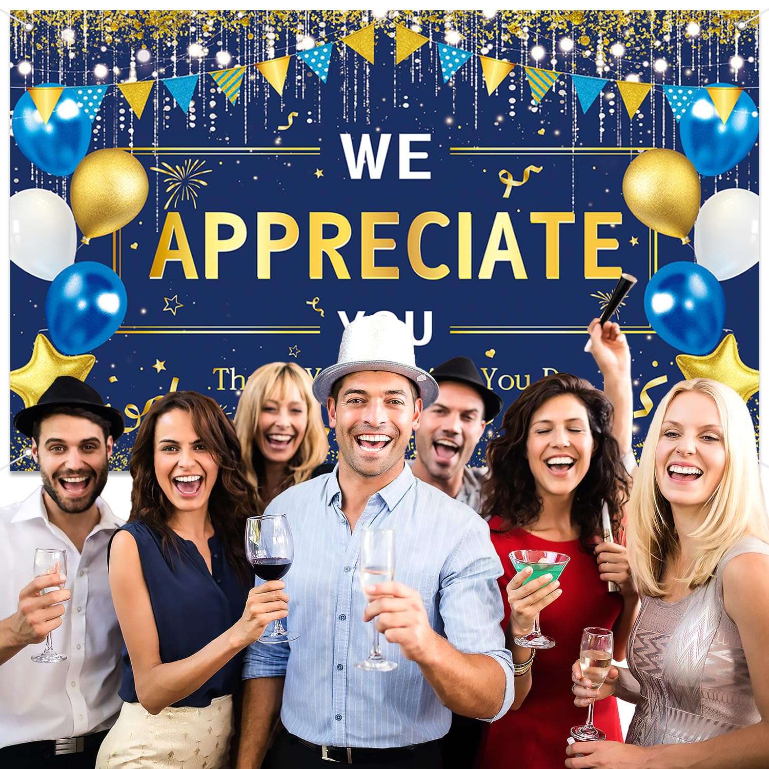 We Appreciate You Banner Backdrop, Blue Gold Thank You for All You Do Backdrop Party Decorations, 5.9×3.6ft, Pastor Employee Teacher Doctor Nurse Staff Thanks Party Supplies 3