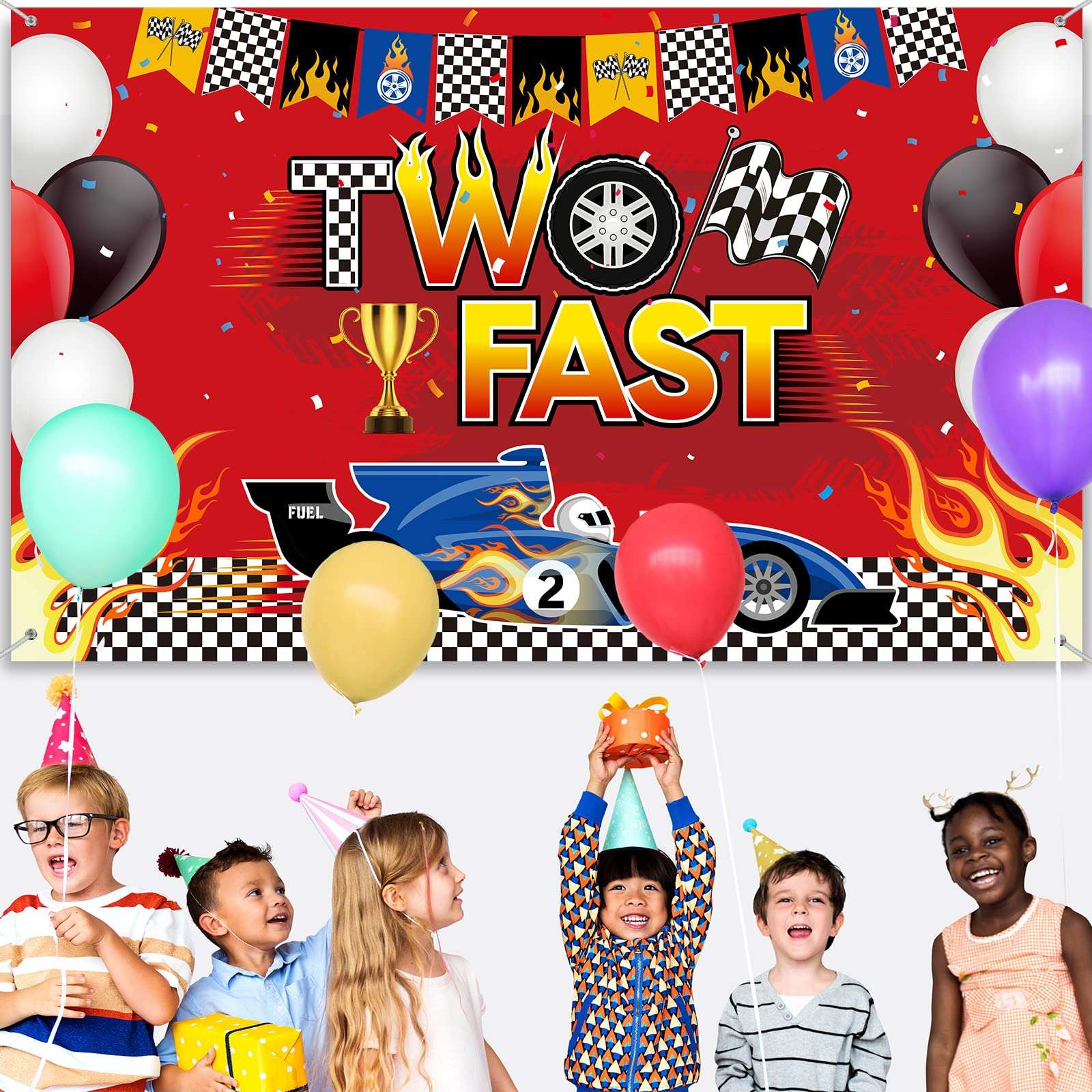 Two Fast Backdrop Two Fast Birthday Decorations Racing Theme Party Decorations Racing Car Second Birthday Photography Background Racing Boys Kids Birthday Party Supplies 6