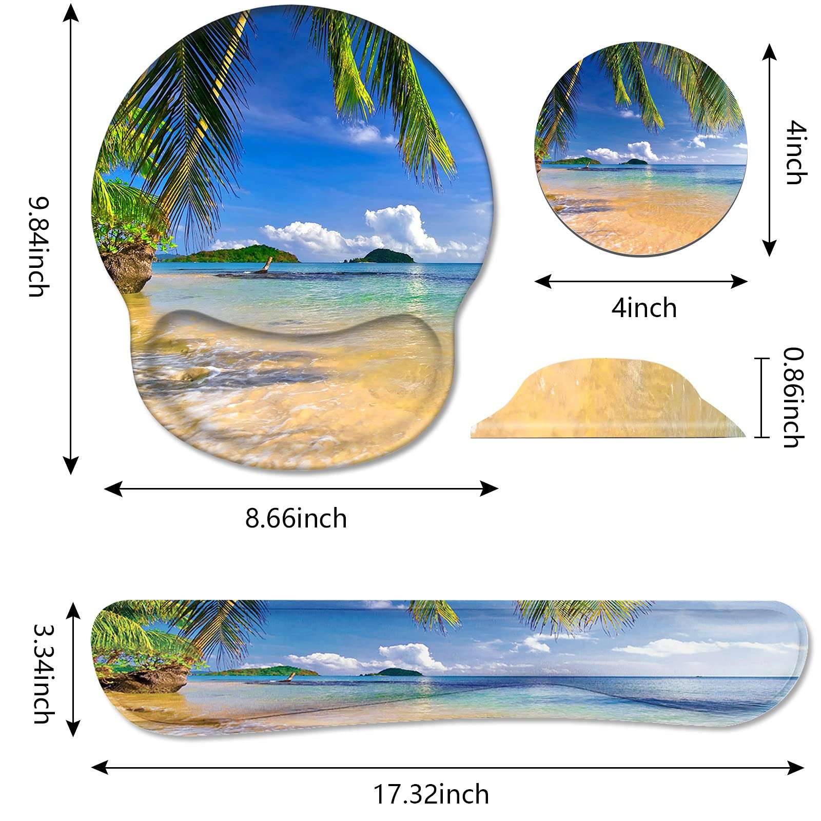 Keyboard Wrist Rest and Mouse Pad Wrist Support Set with Coasters, Non-Slip PU Base Ergonomic Gaming Mousepad for Home Office Working Studying Easy Typing & Pain Relief, Shore Palms Tropical Beach 3