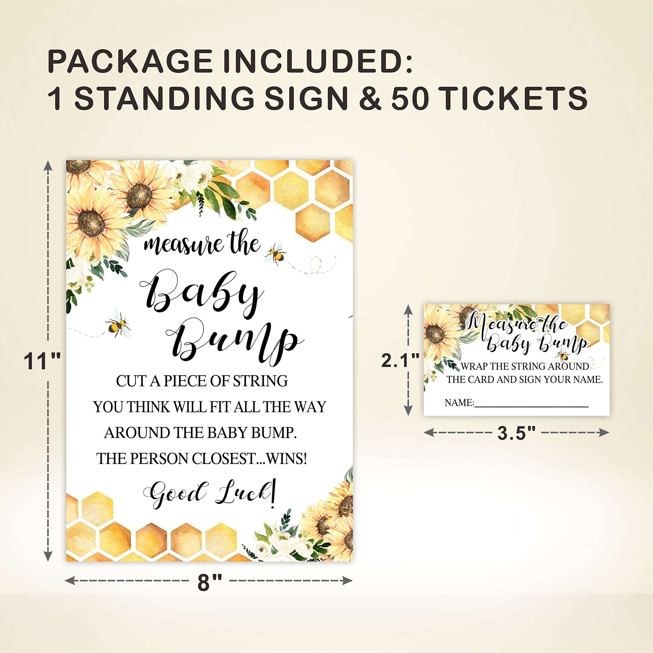 DZIMY Baby Shower Measure The Baby Bump Kit - Bee & Sunflower Guess, How Big Is Mommy's Belly - 1 Sign & 50 Tickets，Decorations For Gender Reveal & Baby Announcement, Party Favor & Supplies-DWLK-B03 3