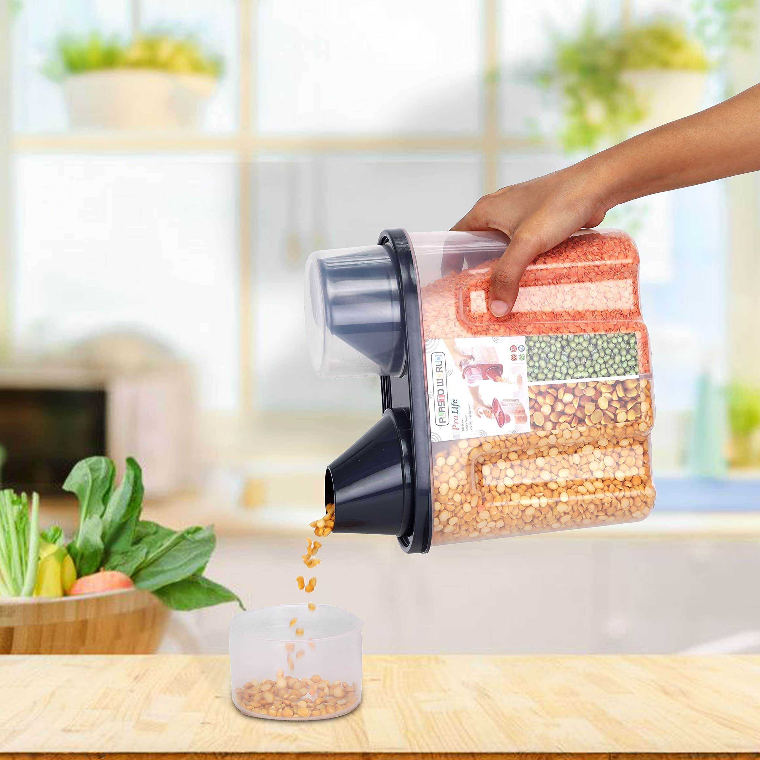 KASBA 2 in 1 Food Travel Small Space Airtight Containers for Kitchen, BPA-Free, Storage Plastic Jar for Dal/Rice/Pasta/Atta/with Lids, Measuring Cups (Brown) 4