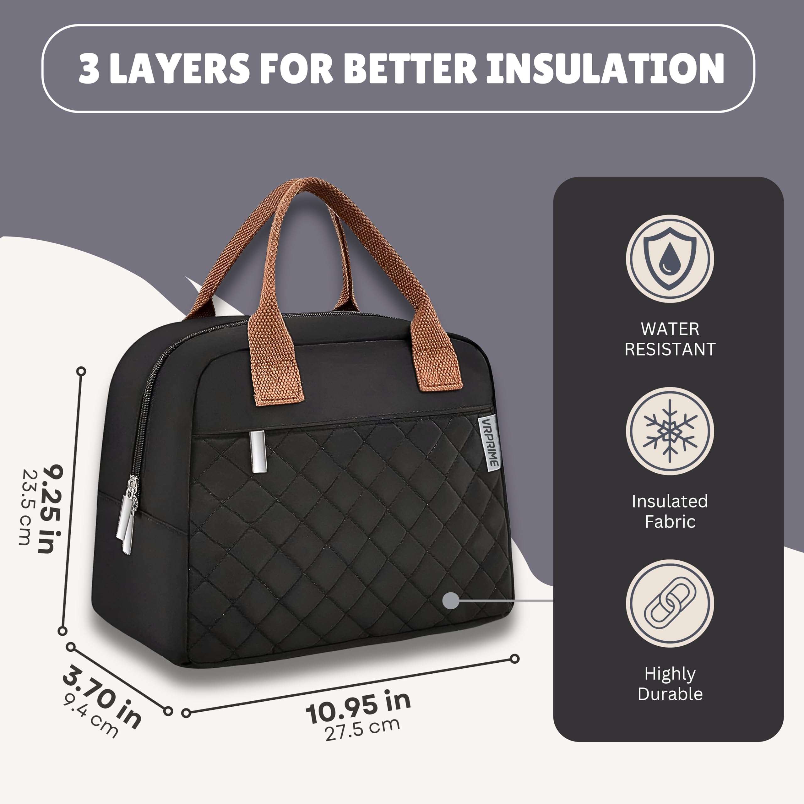 VR PRIME Lunch Bags – Insulated Tiffin Bag for Office for Men and Women – Keeps Food Hot or Cold – Perfect for School, Office, and Outdoor Use – Spacious for Tiffin Box and Bottle (Black) 3