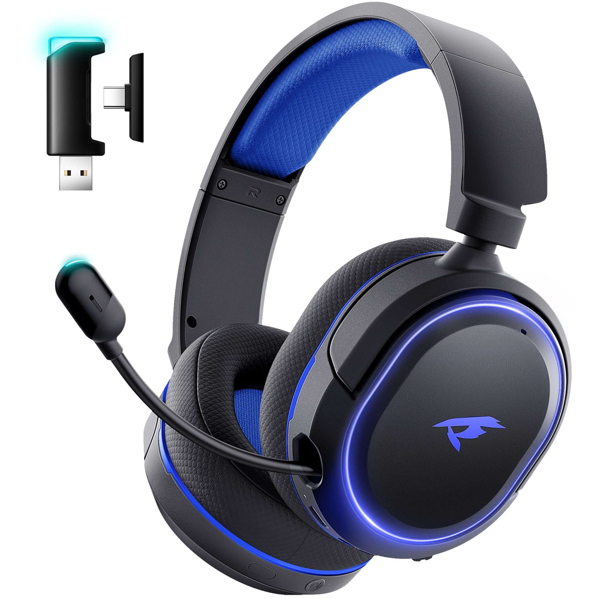 Wireless Gaming Headset, 7.1 Surround Sound, 2.4GHz USB Gaming Headphones with Bluetooth 5.4, 100H Battery, ENC Noise Canceling Mic, RGB Light, Wireless Headset for PC PS5 PS4 Mac Switch (Black-Blue) 1