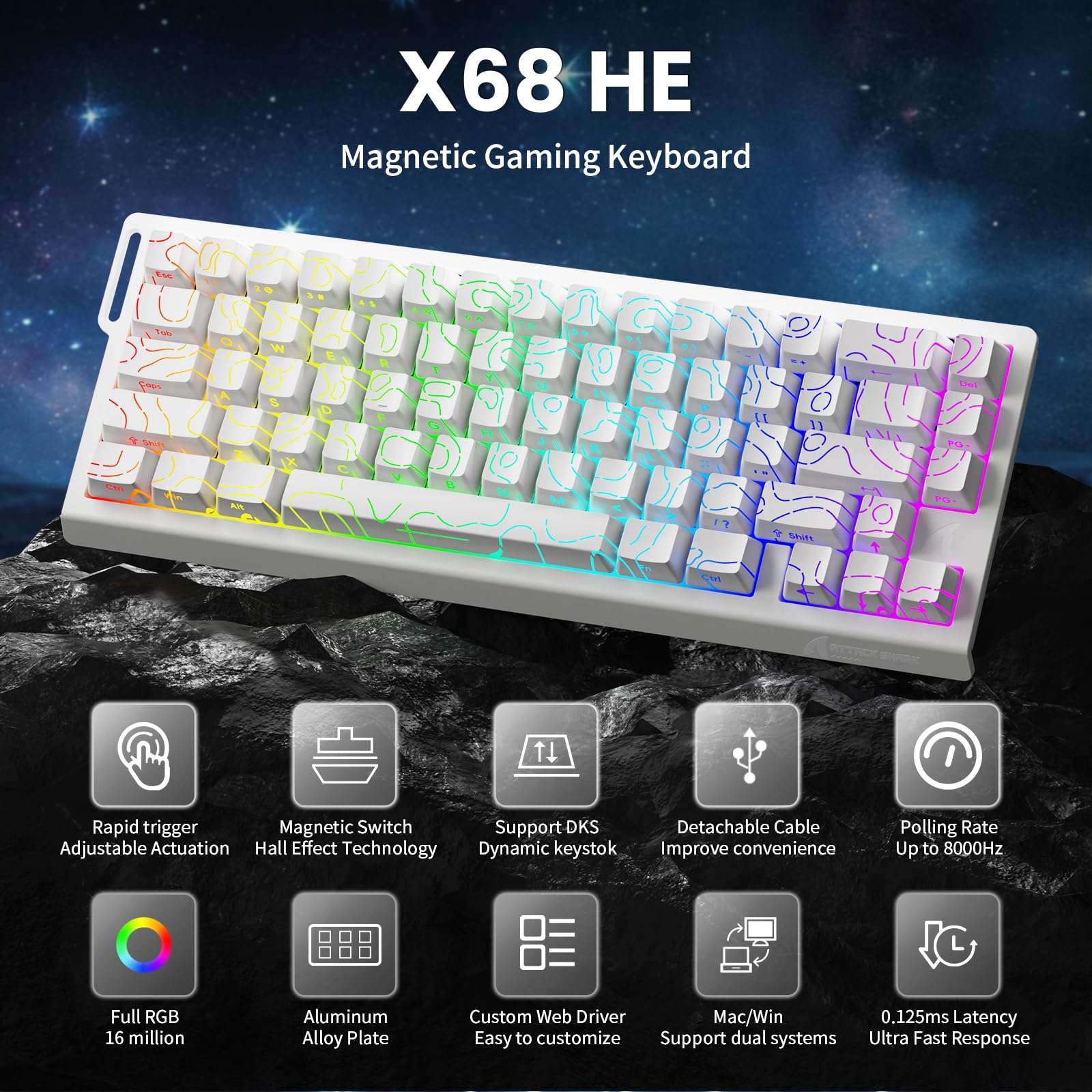 ATTACK SHARK X68 HE 8000Hz Rapid Trigger Keyboard, 0.01mm RT Accuracy Wired Gaming Keyboard with Magnetic Switch, Adjustable Actuation, Rapid Trigger, Snap Tap, RGB Lighting for PC/Mac, White Contours 2
