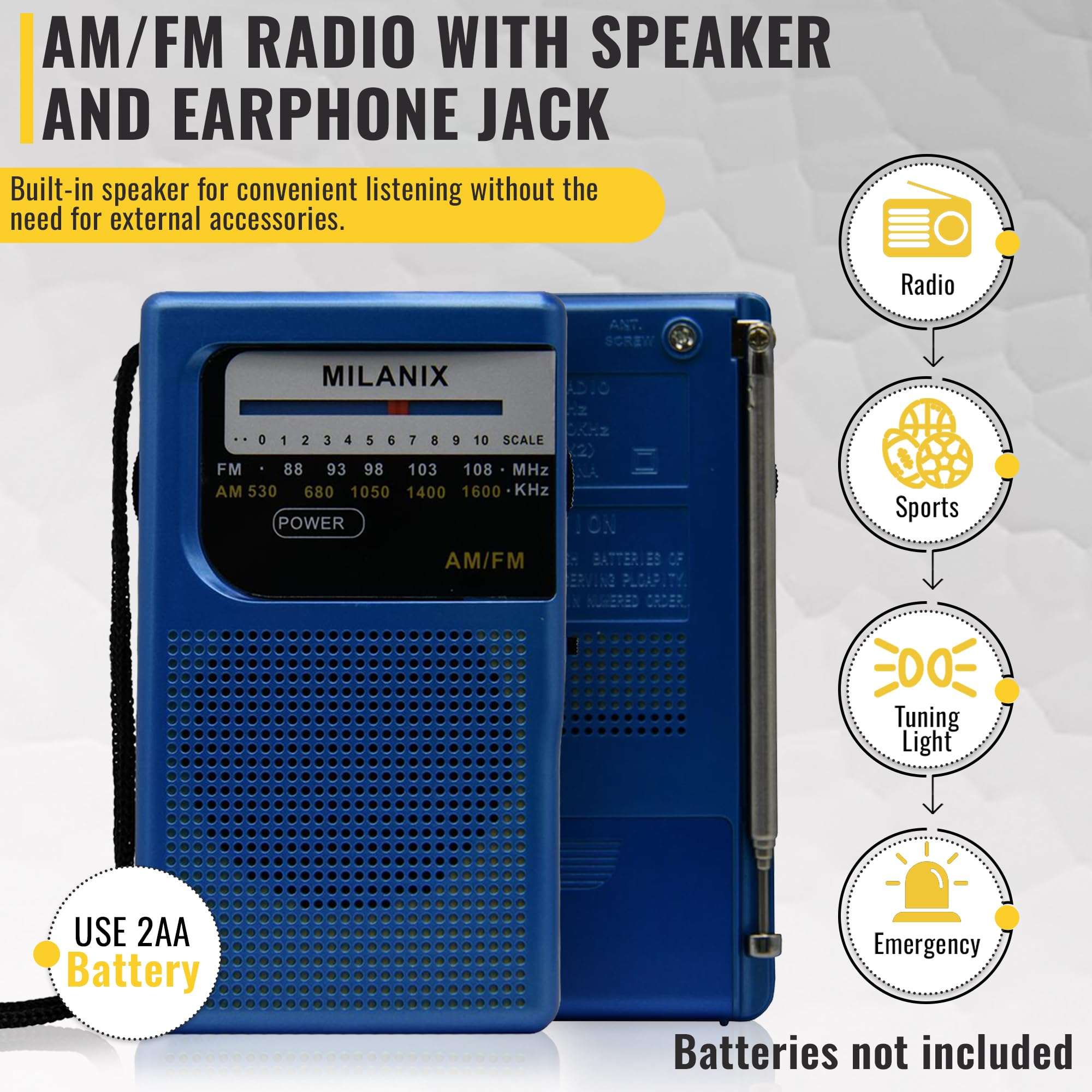 Milanix Small AM/FM Radio Portable Battery Operated with Best Reception, Longest Range, Headphone Jack, Tuning Light, Transistor, Indoor and Outdoor, Emergency Use (Blue Coral) 4
