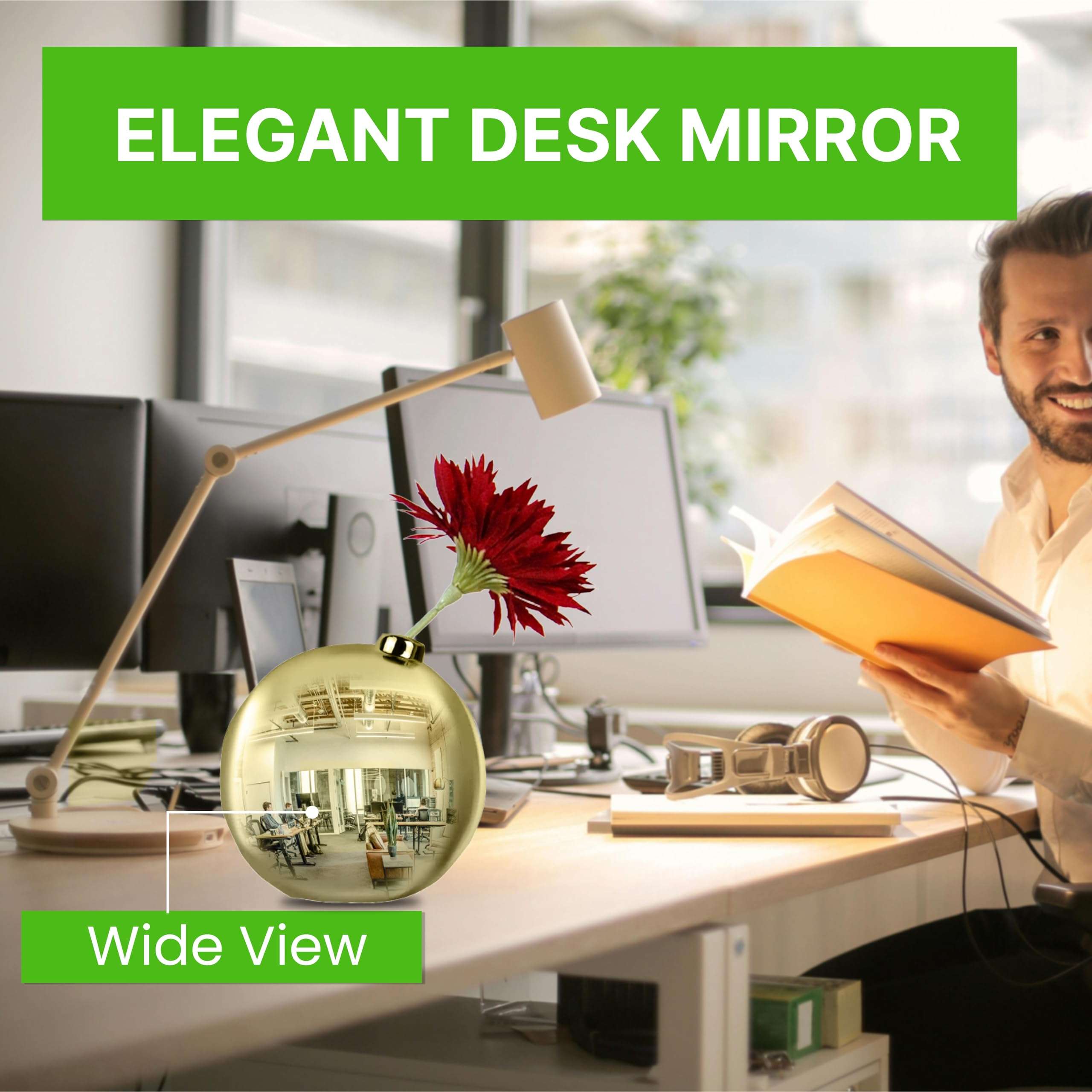 TidyFriend Convex Mirror Vase Gold Cubicle Decorations with Flower - 4" x 4" Cubicle Mirror, Desk Mirror to See Behind You - Aesthetic Office Cubicle Accessories, Office Cubicle Decor Organizer 5