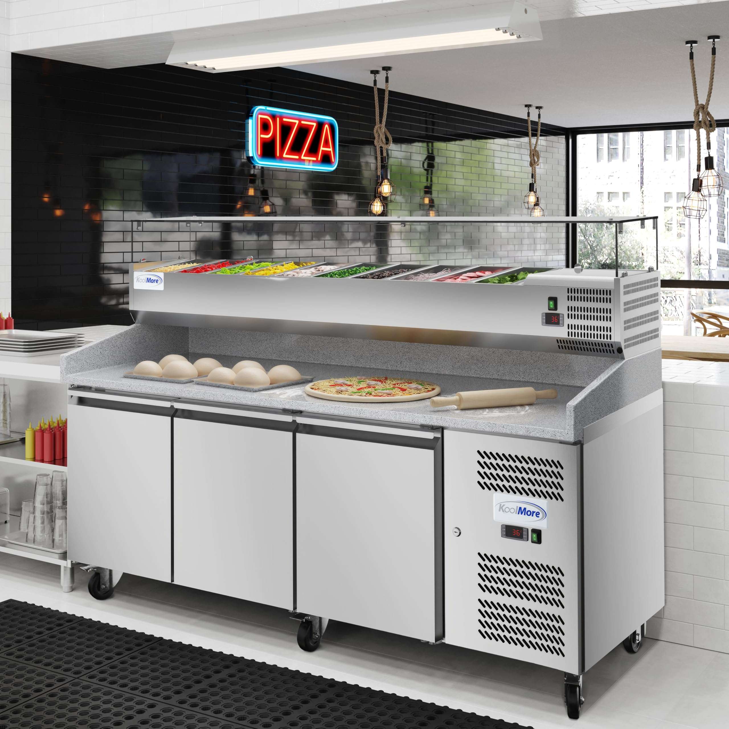 KoolMore KM-RPCPS-2D79-GRT 79 in. Three-Door Commercial Granite Top Pizza Prep Refrigerated Condiment Pan Holder in Stainless-Steel, Stainless Steel 3