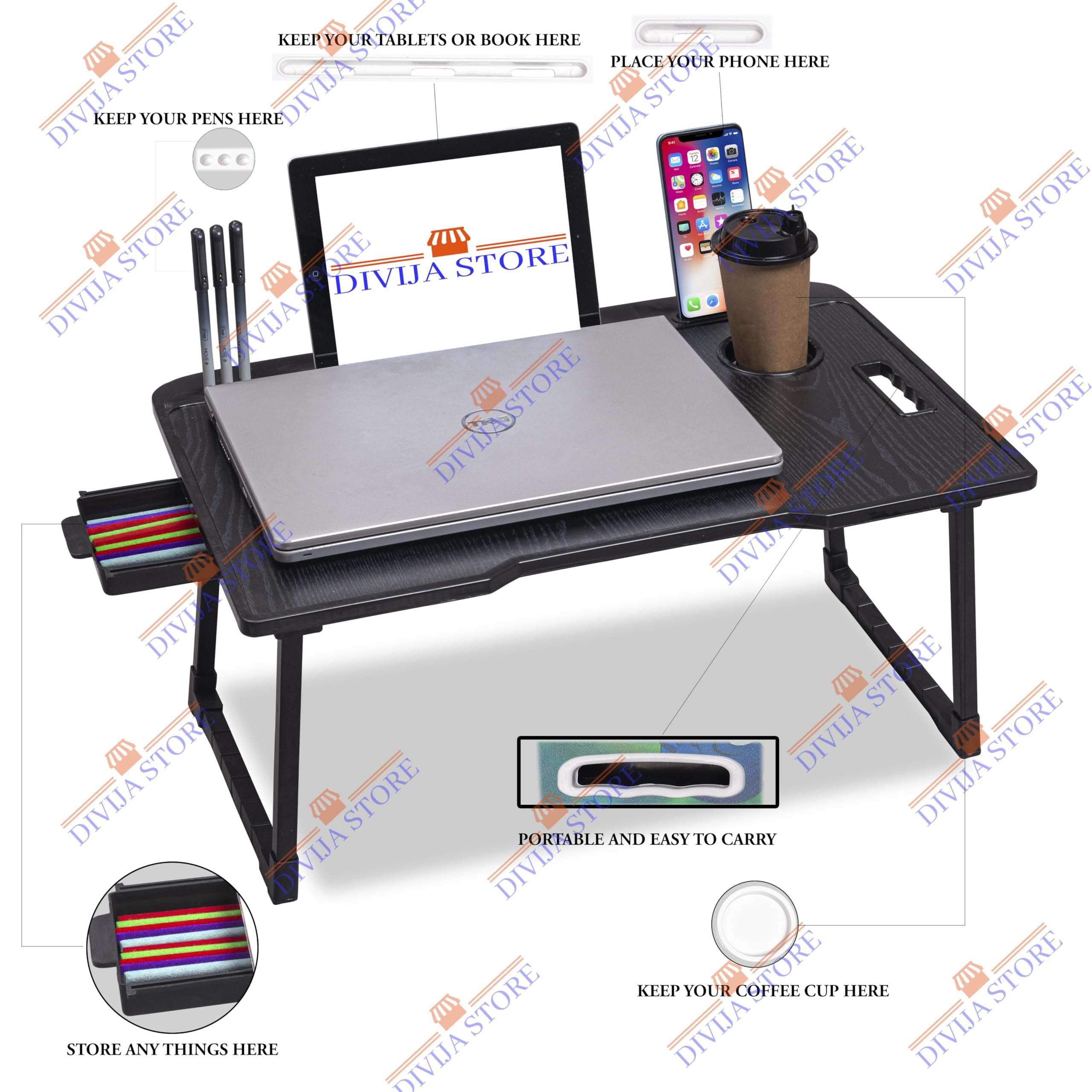 DIVIJA STORE Study Table Bed Table Premium Laptop Table/And Portable Plastic/Writing Desk For Office/Home/School (Black COTTED), 59 cm 4