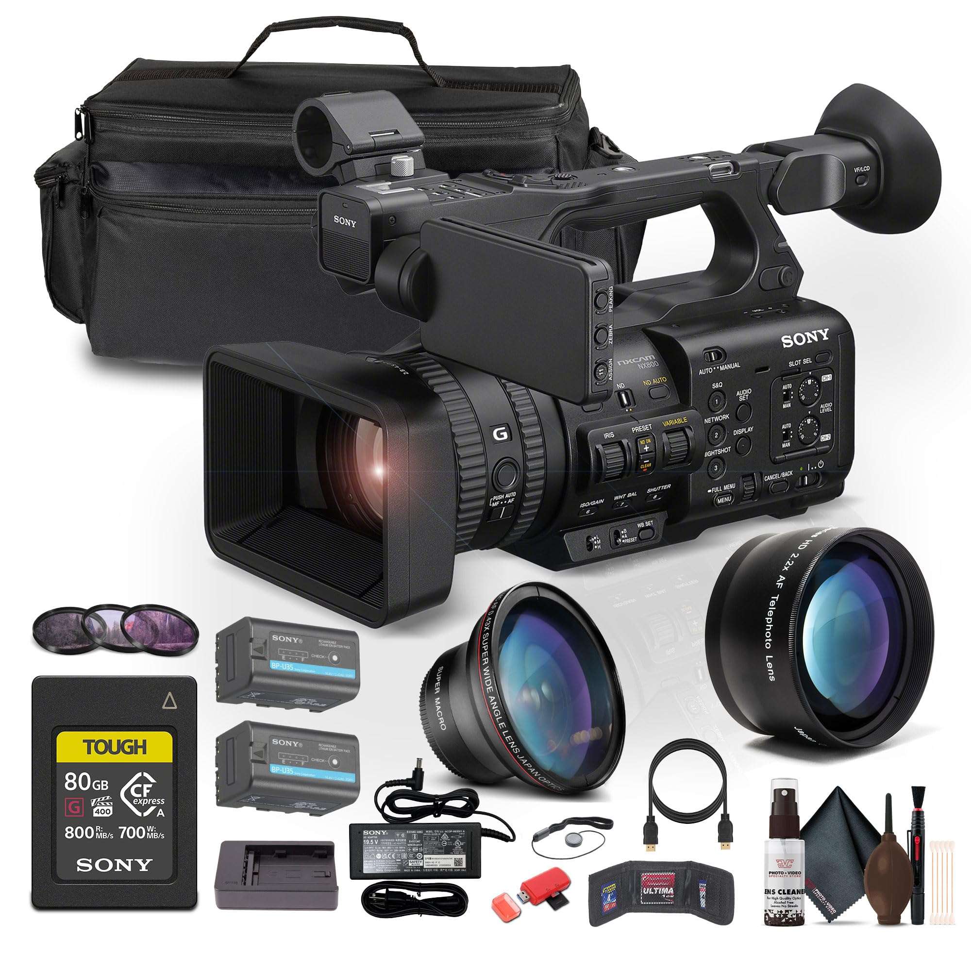 Sony HXR-NX800 4K HDR 1" Sensor NXCAM Camcorder (HXR-NX800) W 80GB CFexpress Card + BP-U35 Battery + Large Case + Telephoto Lens + Card Reader + Filter Kit + Wide Angle Lens + More 1