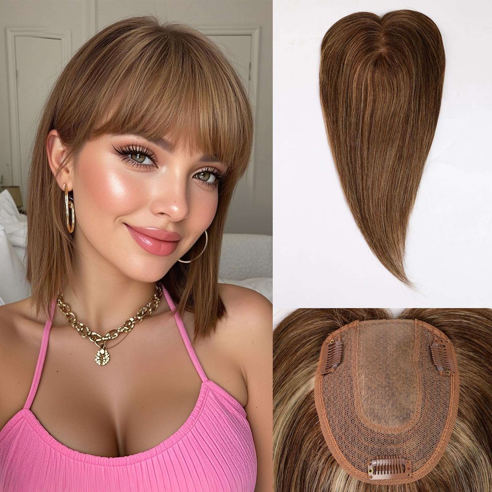 starluck Hair Toppers for Women Real Human Hair with Bangs 4.5"*5.5"Large Base 14 Inch 100% Real Human HairToppers for Women with ThinningHair(Light Brown) 1