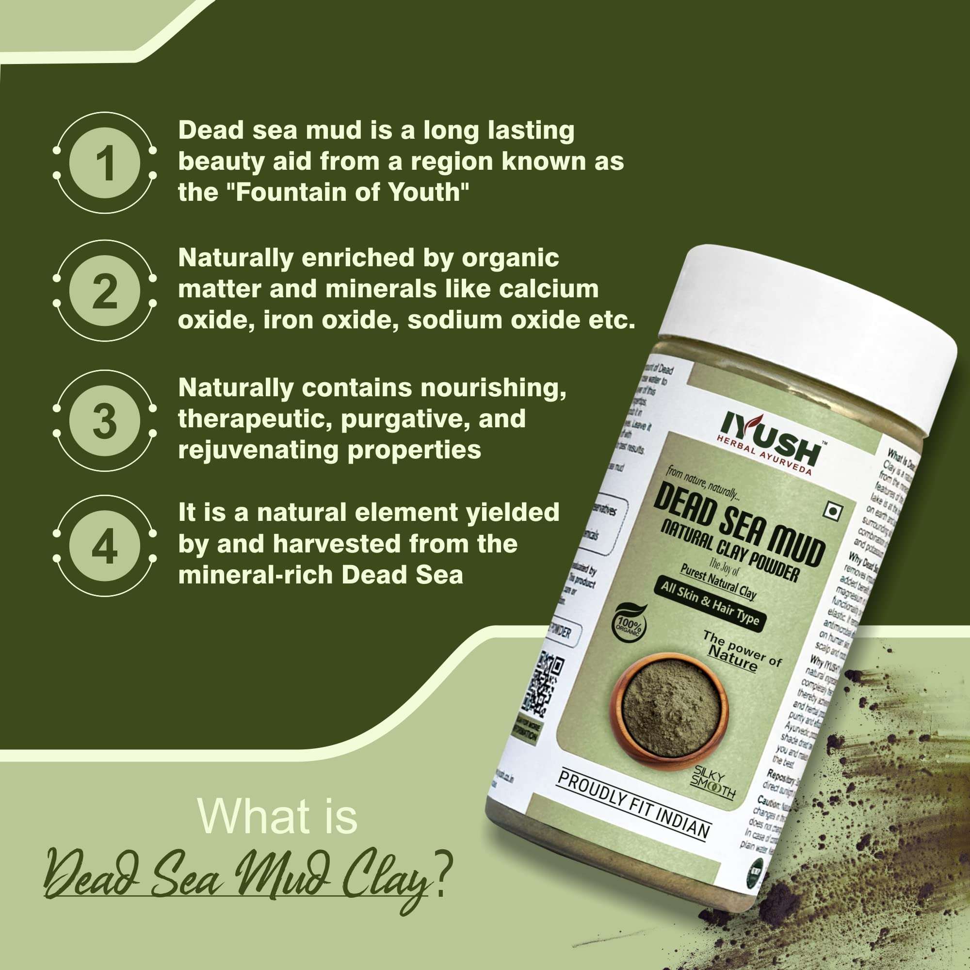 IYUSH Herbal Ayurveda Dead Sea Mud Powder – 800gm | Dead Sea Mud Mask Powder | Mud Pack for Face | Clay for Masks | Clay Powder for Face | De Tan Pack to Open Pores | Clay Mask Powder | 400gm each 3