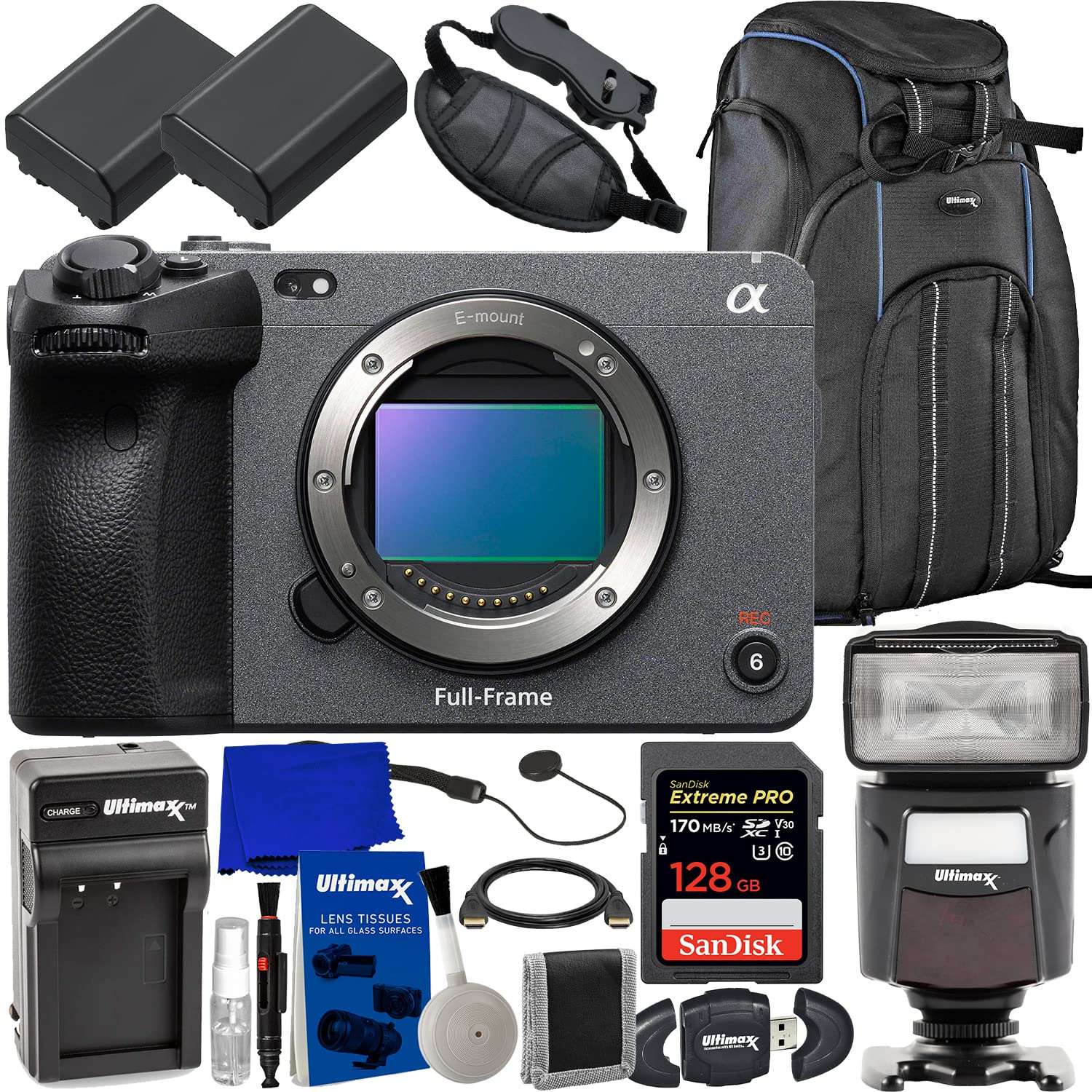 Sony FX3 Full-Frame Cinema Camera (Body Only) + SanDisk 128GB Extreme Pro SDXC Memory Card, Water-Resistant Deluxe Camera Backpack, Universal Speedlite w/LED Video Light & So Much More (26pc Bundle) 1