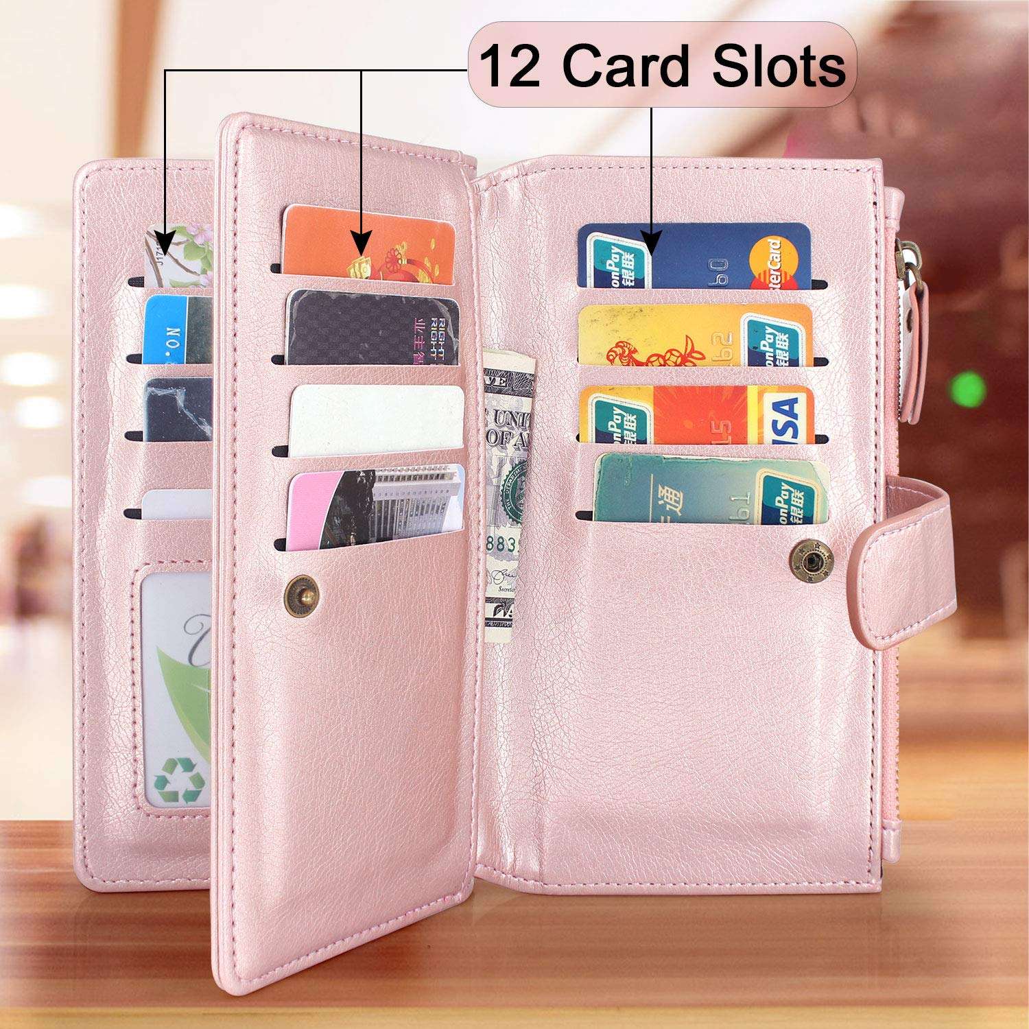 Harryshell Galaxy A01 Case, Detachable Magnetic Zipper Wallet Leather Case Cash Pocket with 12 Card Slots Holder Wrist Strap for Samsung Galaxy A01 (Rose Gold) 4