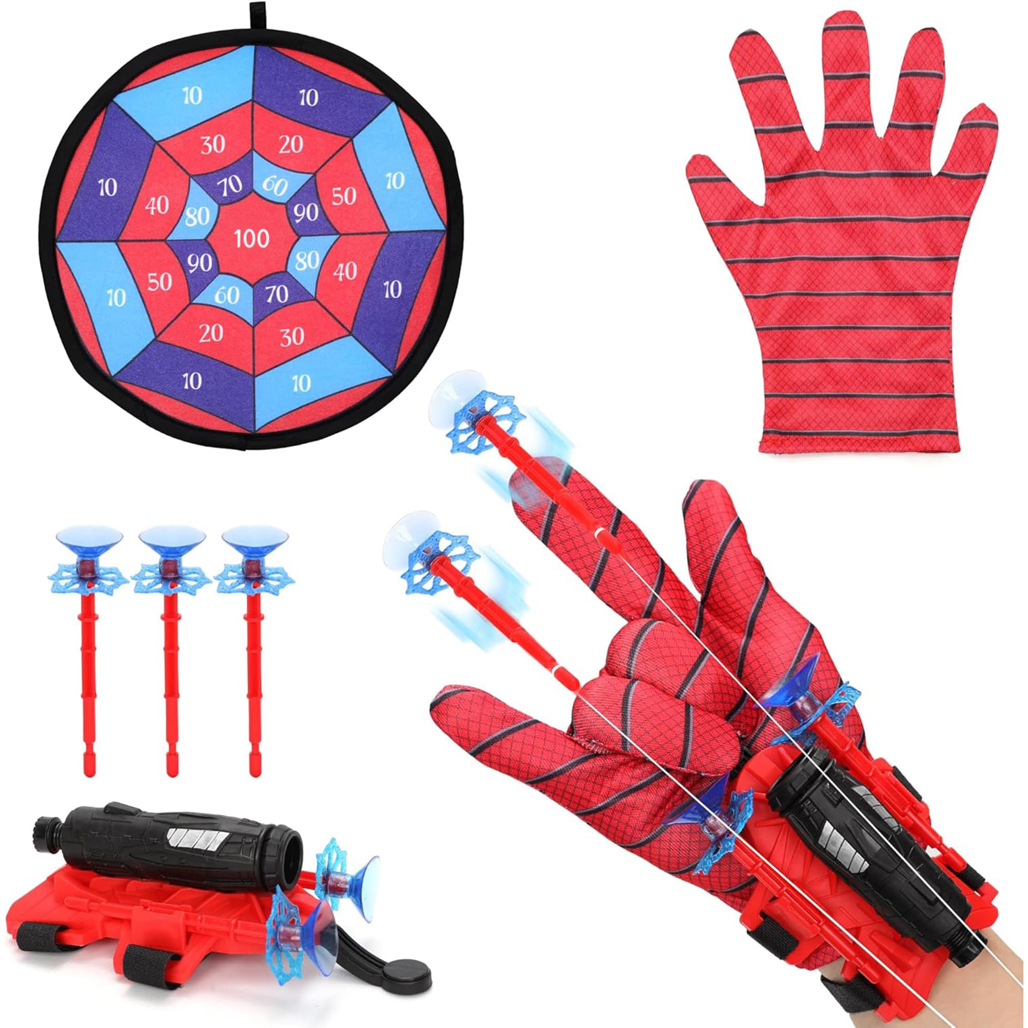 Web Shooters for Kids, Rope Launcher with Gloves. Boy's Wrist Toy set with Dart Board. Cool Dart Launcher toys set for Halloween Role-Play for Children. Great Birthday Gifts for Men and Teenagers