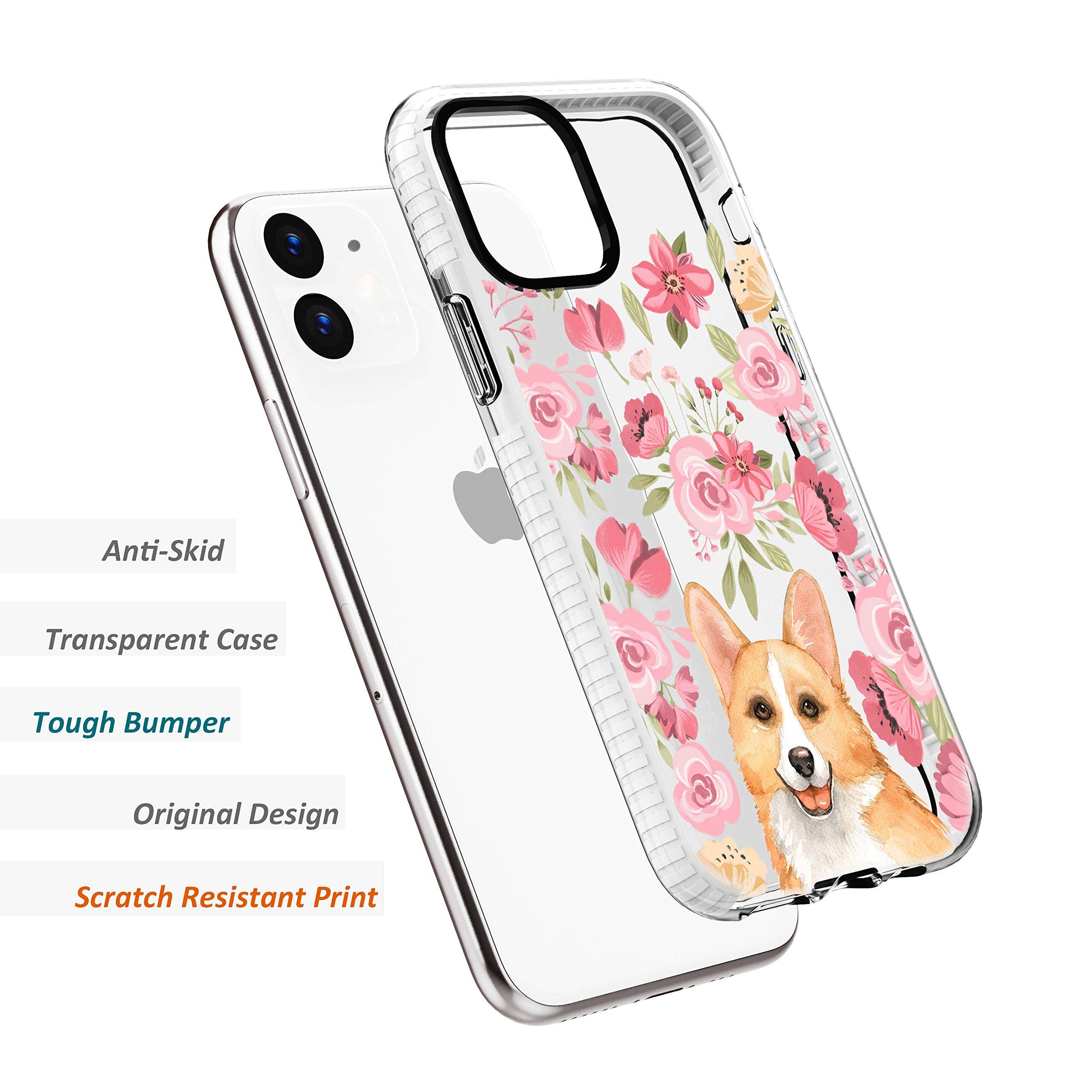 iPhone 11 Clear Case,Cute Corgi With Pink Blooms Flowers Floral Daisy Love Funny Puppy Dog Trendy Hipster Adorable Case for Girls Women Soft Protective Clear Case With Design Compatible for iPhone 11 5