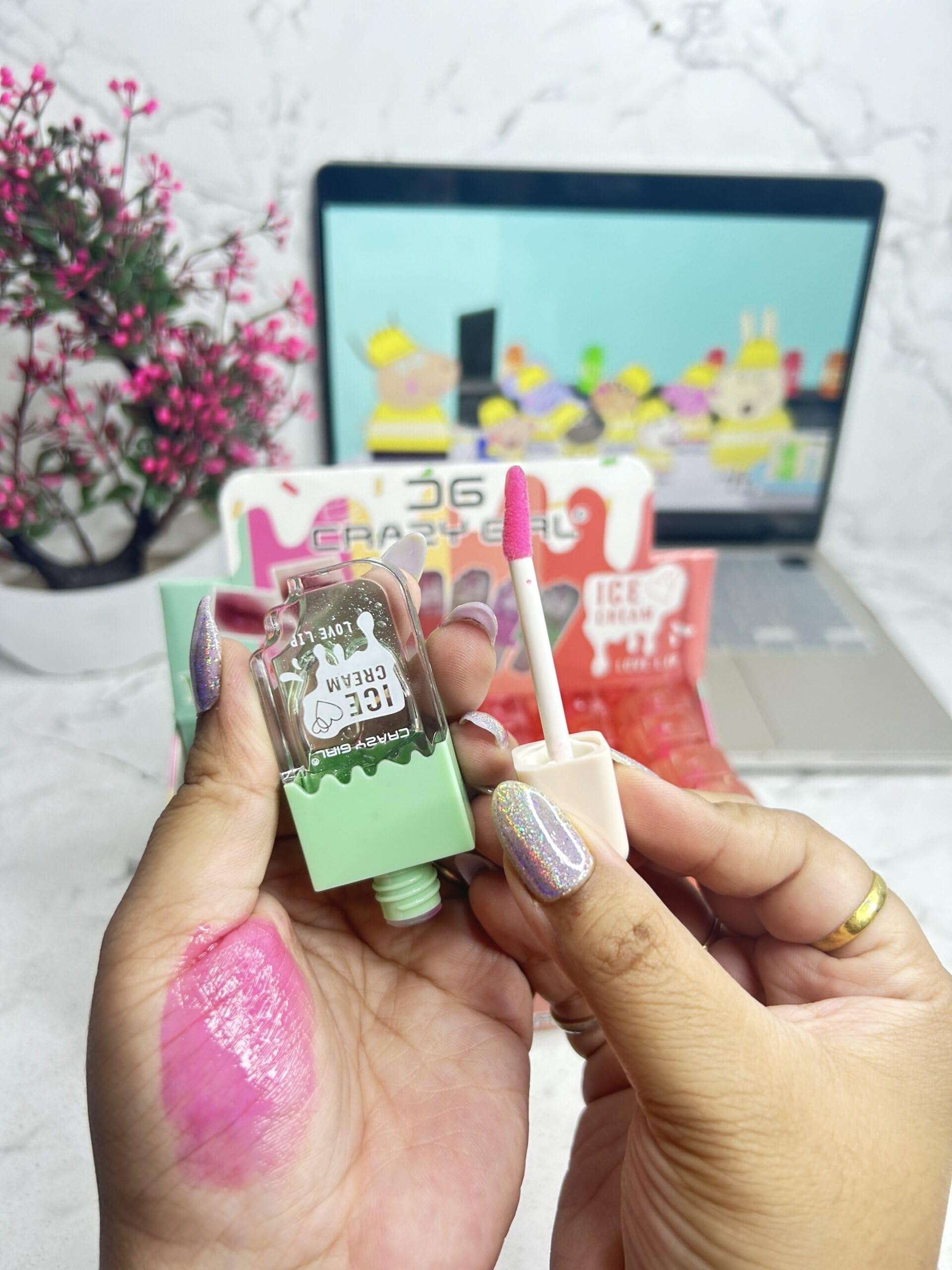 Sassyvilla Cute Icecream shape Lipgloss for girls lip balm korean Ice cream lipgloss pink shiny lips waterproof long lasting liquid glitter lipgloss for women (pack of 3) 1