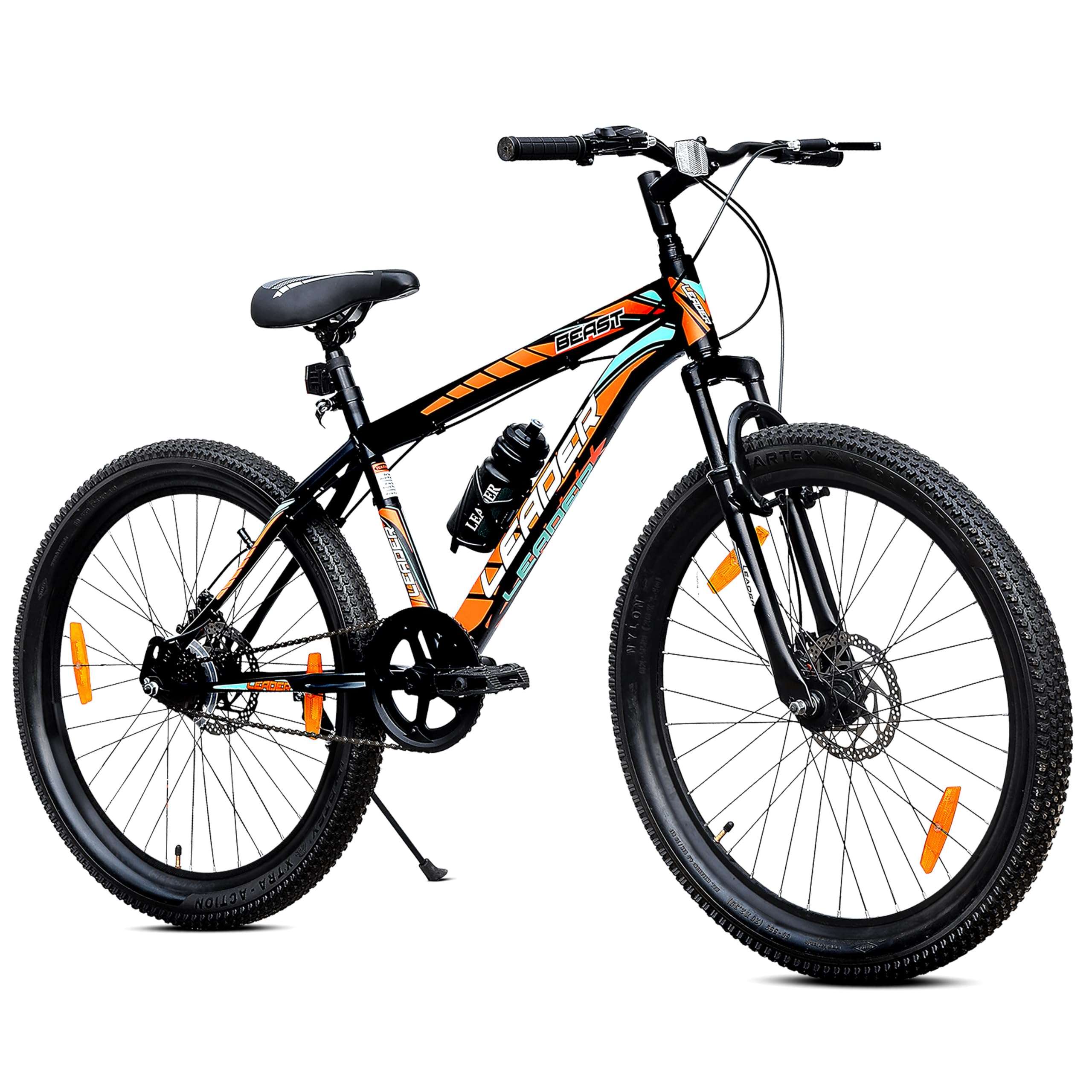 Leader Beast 24T Kids MTB Cycle | Kids Cycle with Sturdy 16 Inch Frame | Without Gear Bicycle with Front Suspension & Dual Disc Brakes | Ideal for 9-13 Years (Black/Orange) 1