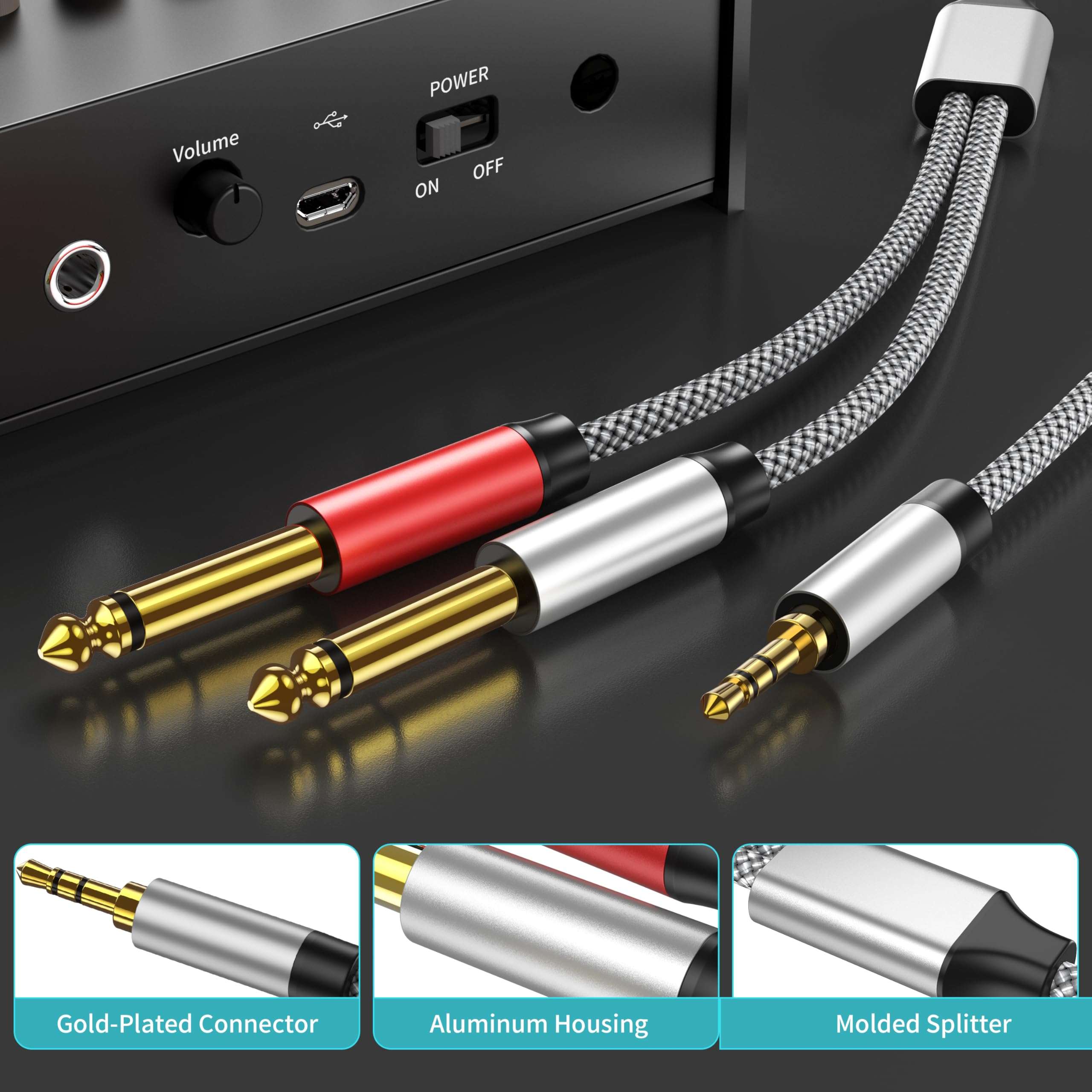 PPTVC 3.5mm 1/8" TRS Male to 2X 6.35mm 1/4" TS 25ft,Male Mono Stereo Y-Cable Splitter Compatible for Home Stereo Systems, Laptop,Amplifier, Mixer Audio Recorder，MP3, etc 3
