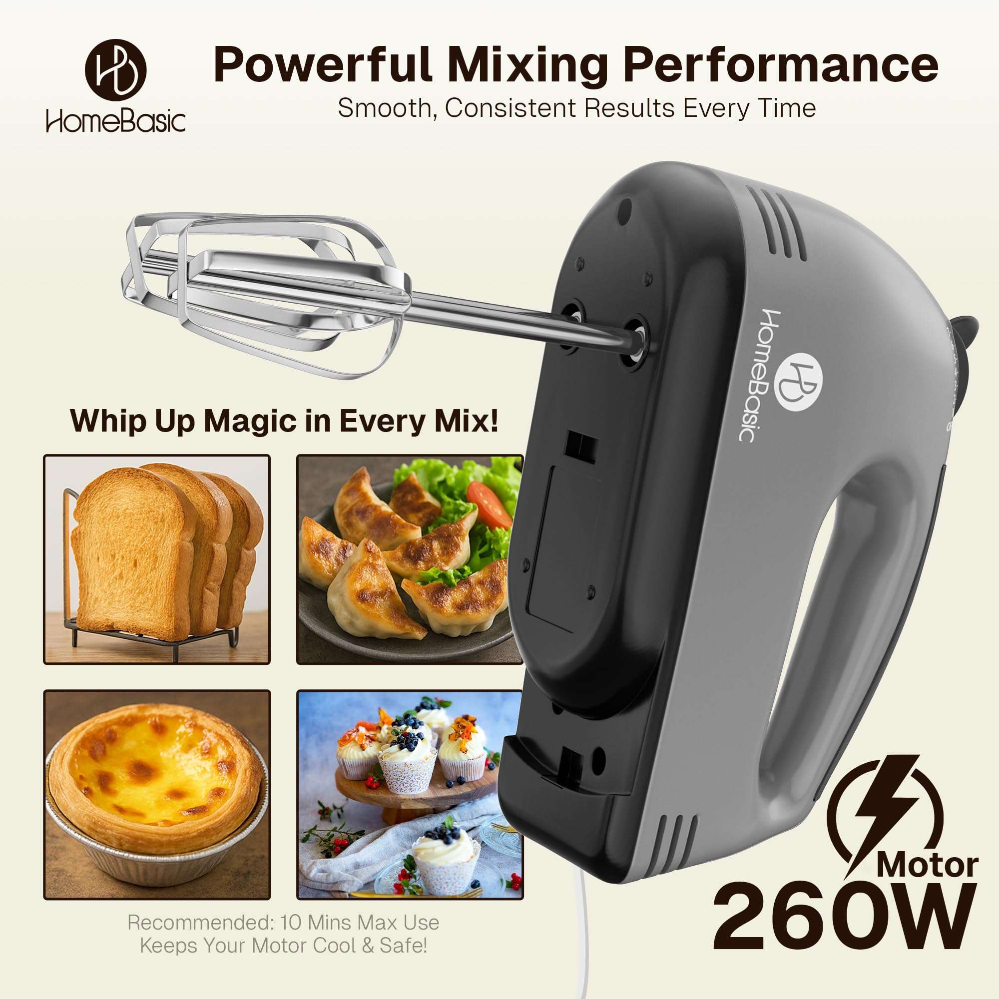 HOMEBASIC Hand Mixer for Cake Baking 260W | Electric Hand Beater with 7 Speed Control, Dough Hook & Beaters | Mixing, Whipping, Kneading, Egg Whisker Blender for Kitchen | Food Grade Stainless Steel 4